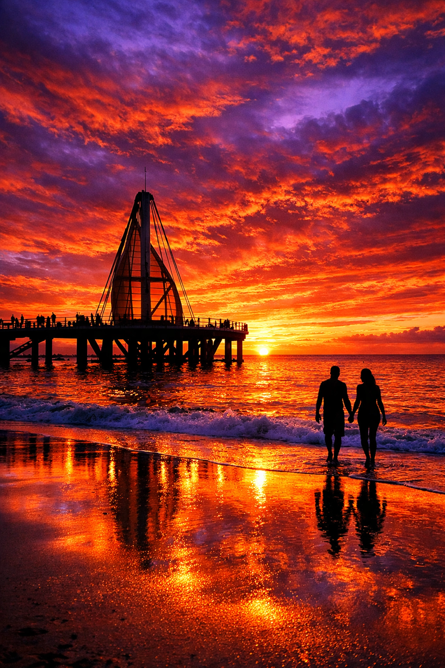 A romantic sunset over Banderas Bay with the iconic Los Muertos Pier silhouette in Puerto Vallarta's Old Town.