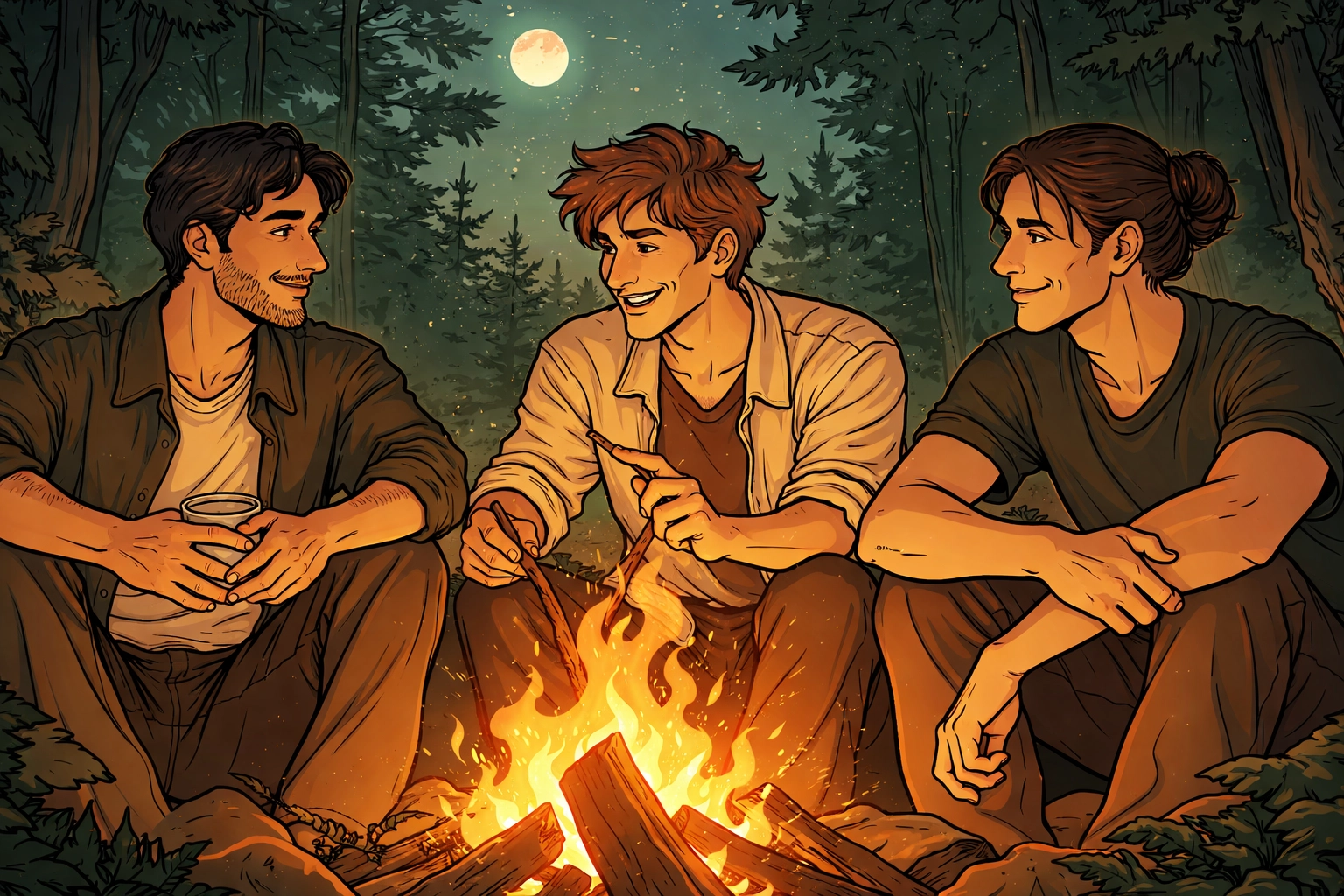 Robin, John, and Will share a campfire in Sherwood Forest, illustrating camaraderie and found family in a polyamorous romance.