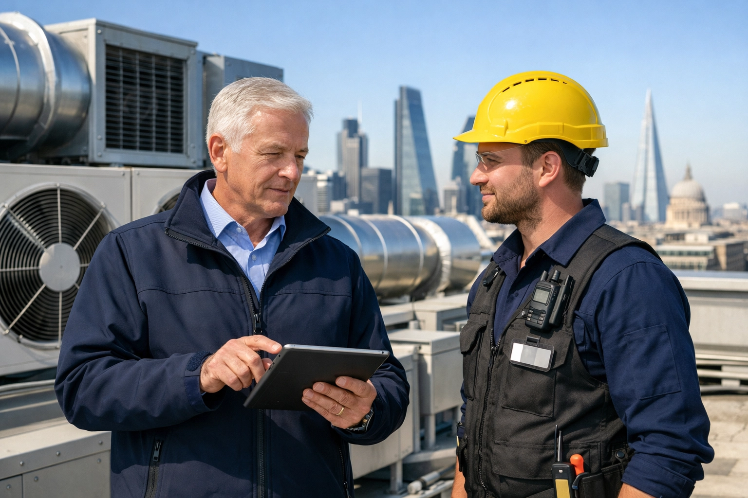 KGFM supervisor inspecting HVAC systems on a London rooftop for professional facilities management.