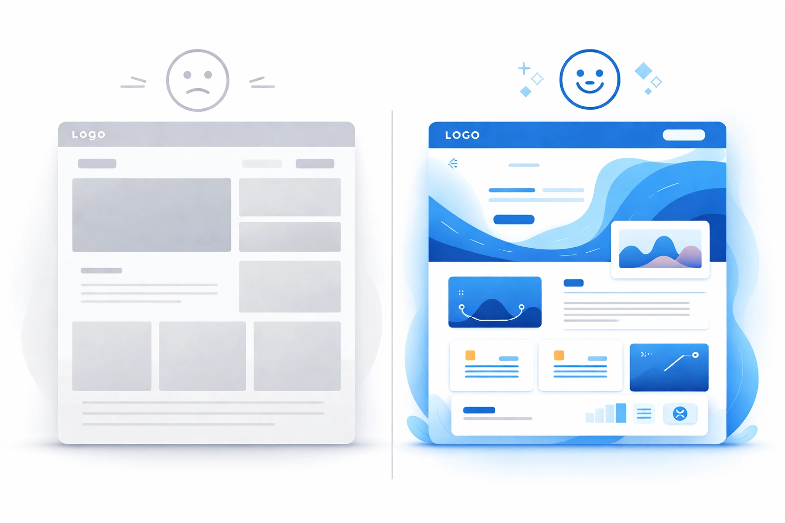 Side-by-side illustration comparing a dull template website to a vibrant custom design, emphasizing unique branding and higher lead potential