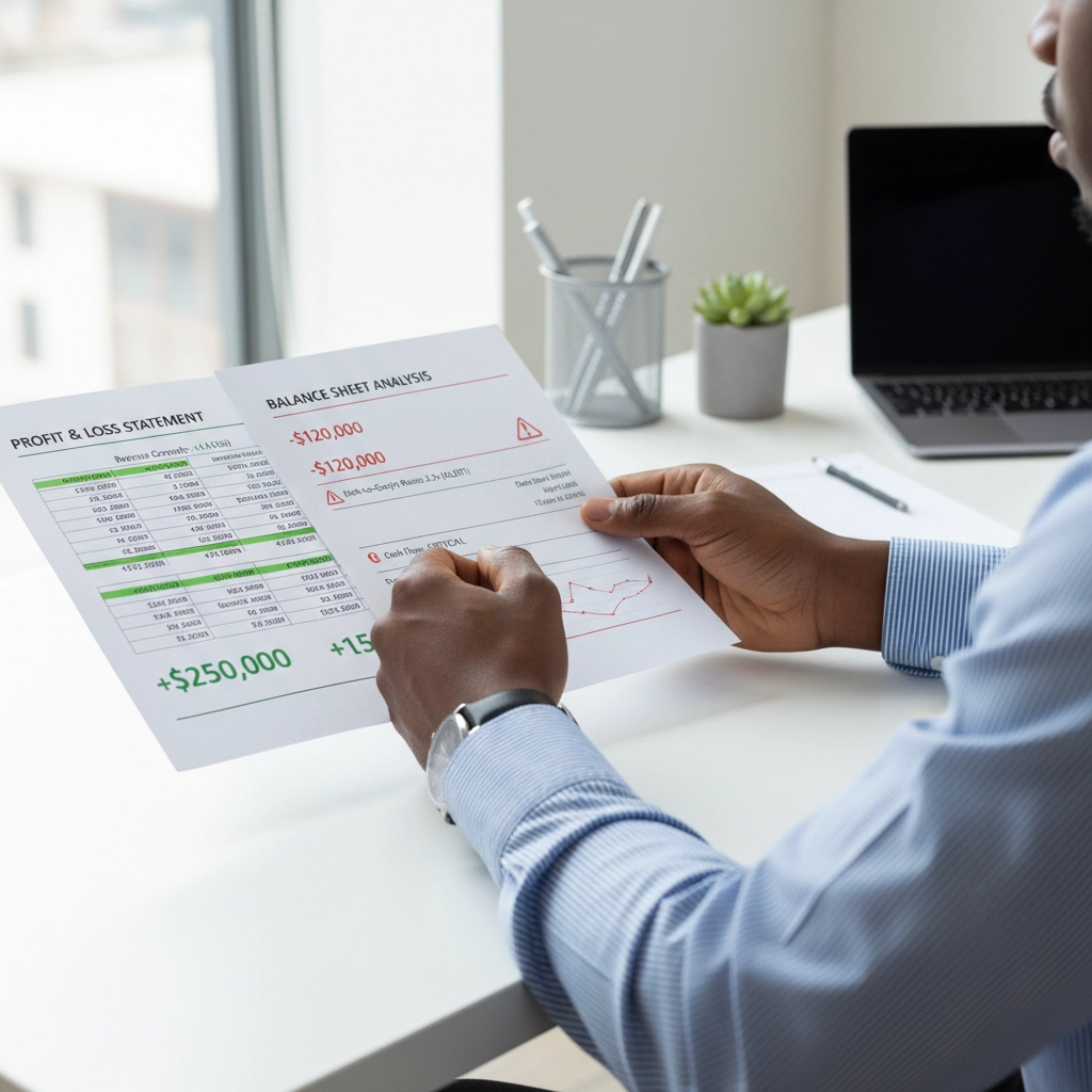 Business owner reviewing profit and loss statement alongside balance sheet analysis