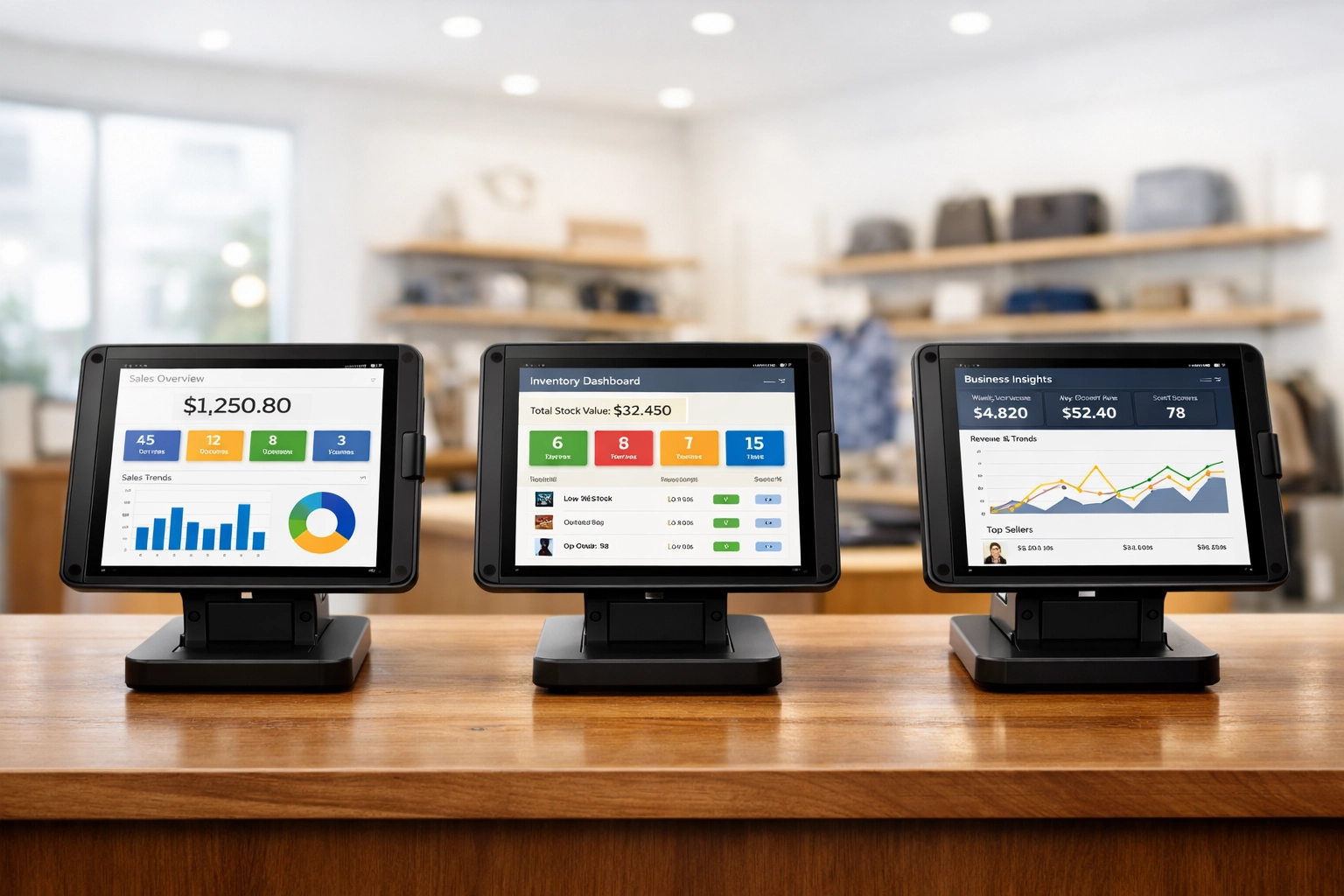 Three POS systems compared side by side showing EPOS Now, Square, and Lightspeed interfaces