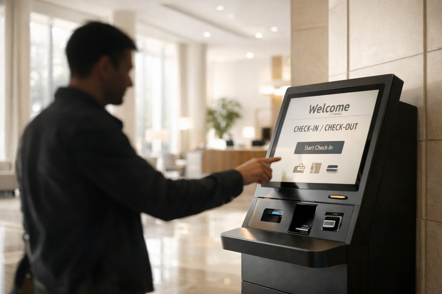 Guest using self-service check-in kiosk in contemporary hotel lobby