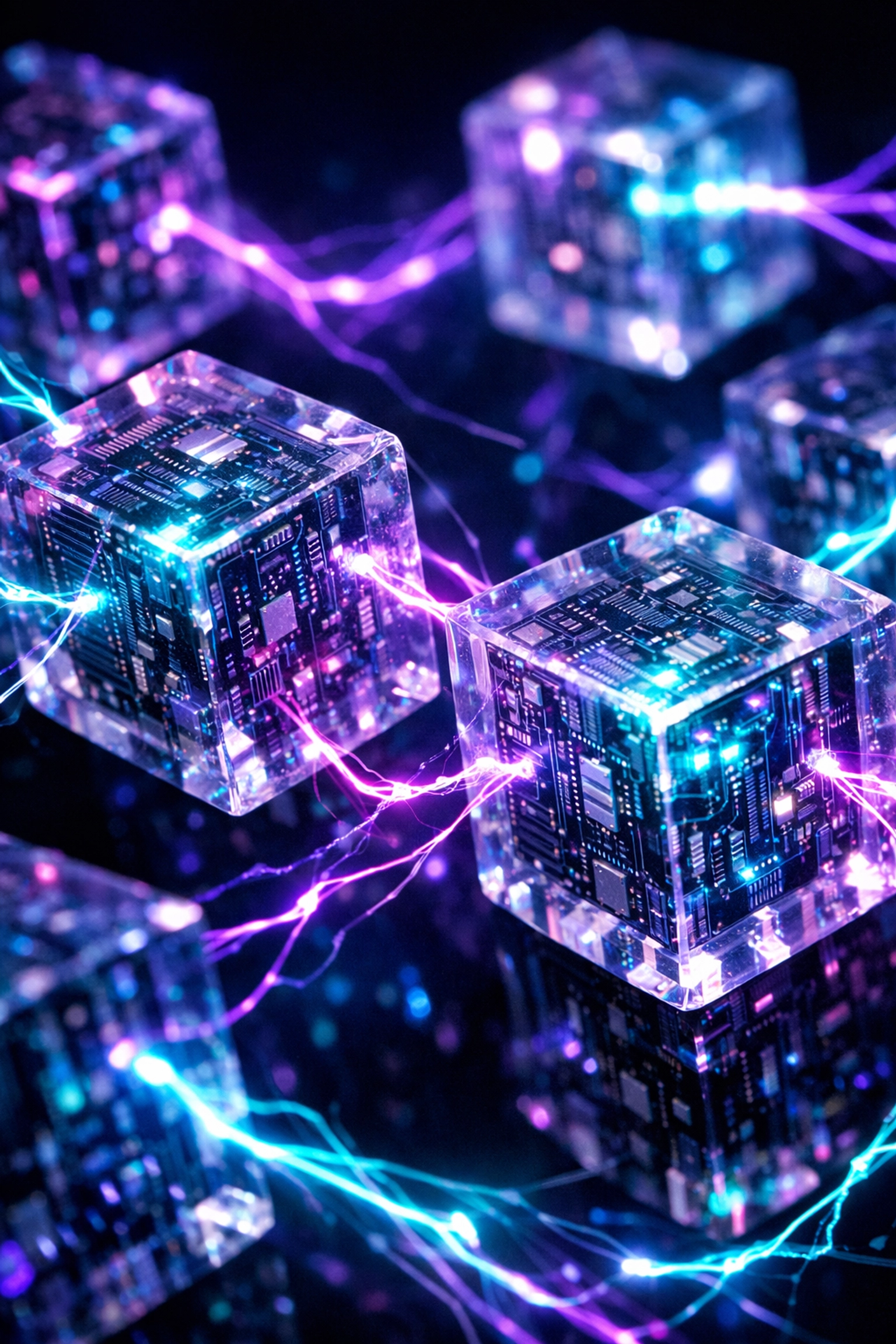 Interconnected glowing data blocks representing the custom software development logic used in n8n workflows.