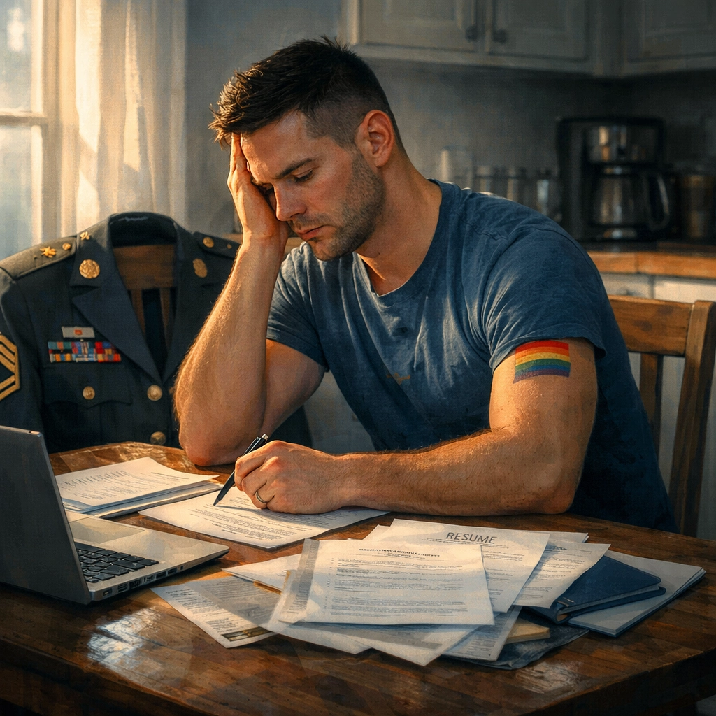 Gay veteran searching for civilian employment with military uniform nearby