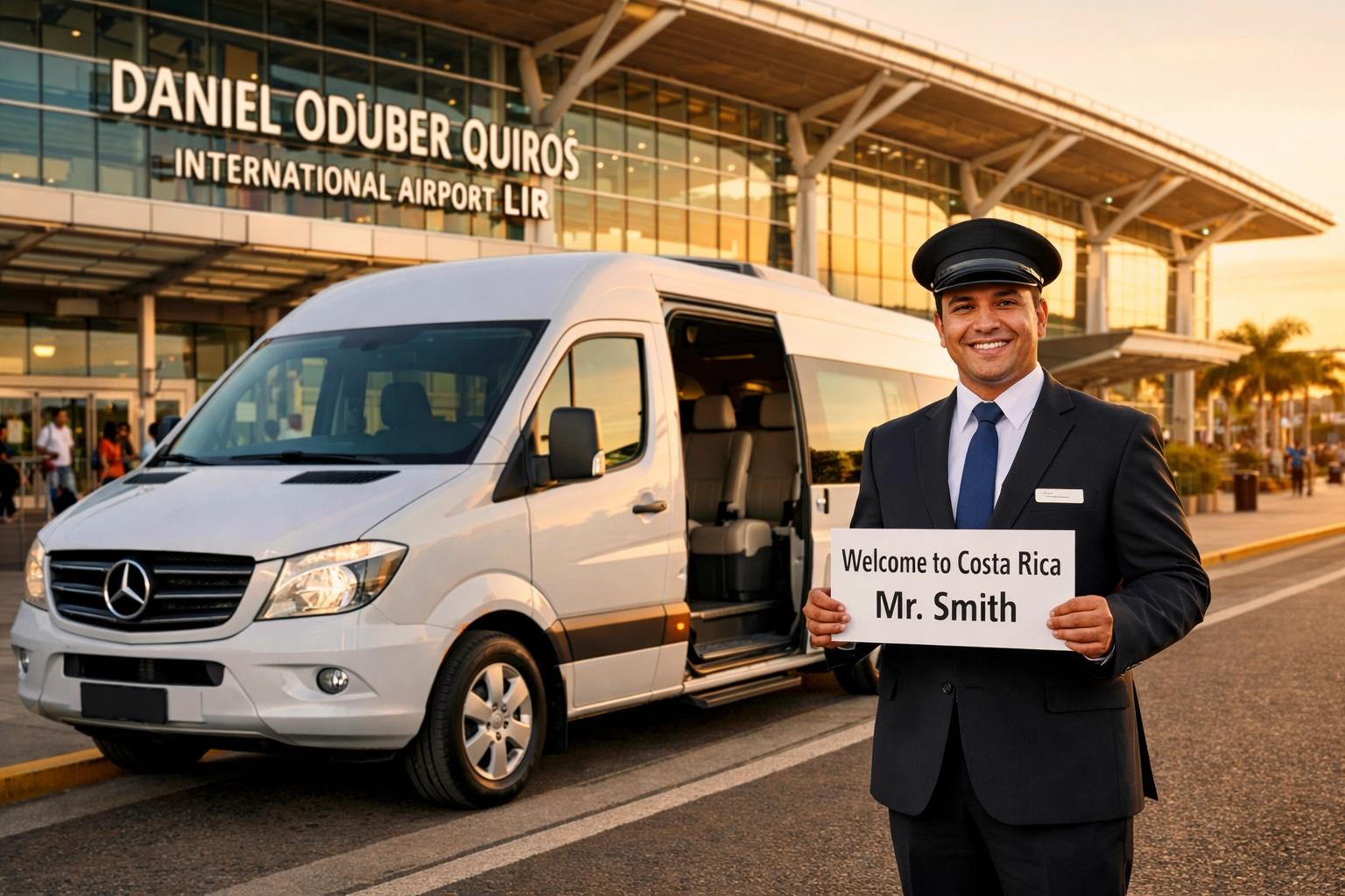 Professional driver greeting tourists for their LIR to Tamarindo shuttle outside the airport terminal.