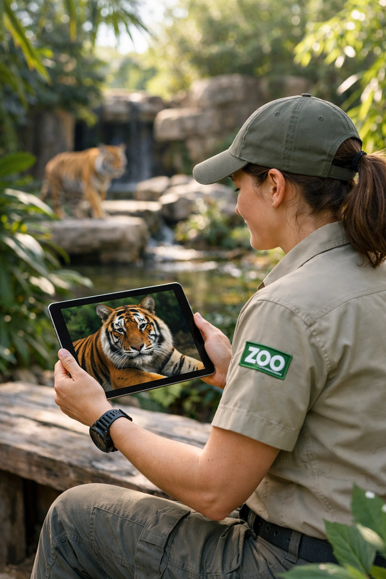 A zoo employee viewing tiger photos on a tablet, showcasing seamless digital integration for zoo marketing.