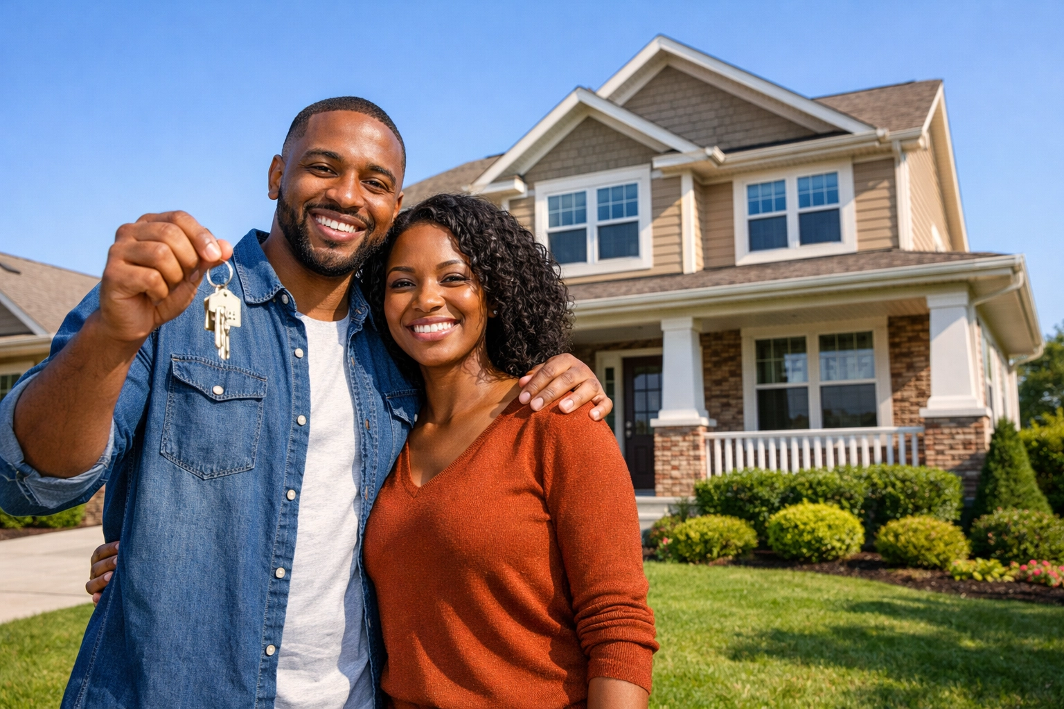 Happy couple holding house keys in front of Hampton Roads suburban home in 2026