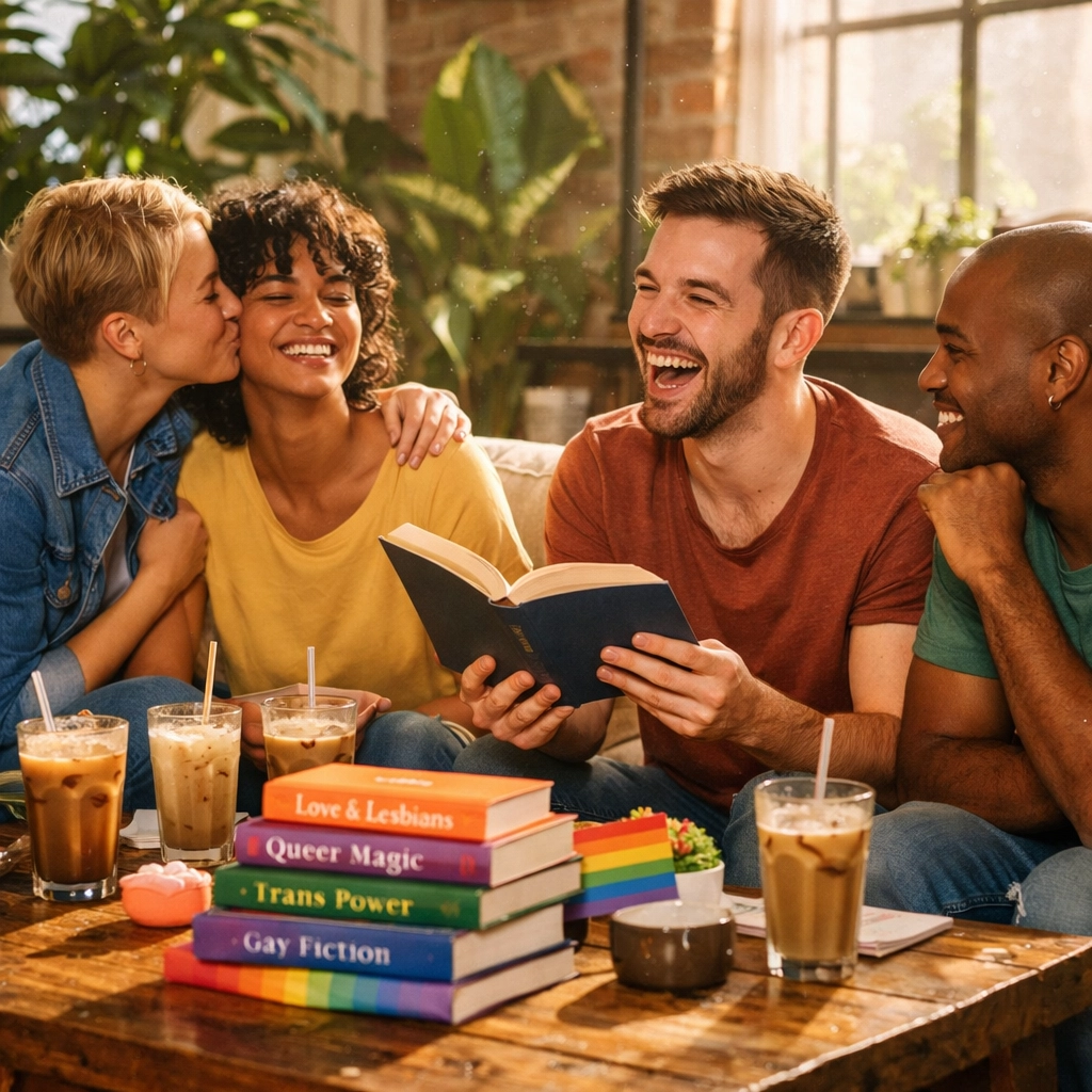 Diverse LGBTQ friends enjoying MM romance books in a sunlit loft, celebrating queer community and literature.