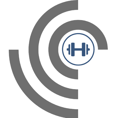 Human Potential Labs Mind and Body Logo Minimalist logo featuring concentric arcs in gray surrounding a blue and gray dumbbell icon, representing strength training, holistic fitness, and the integration of science and wellness at Human Potential Labs Mind and Body.