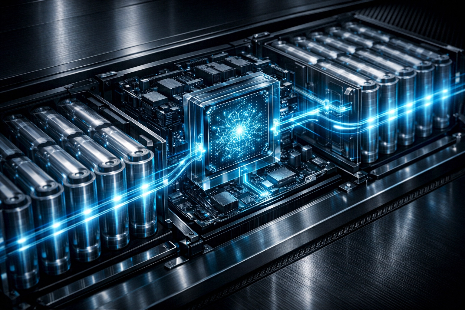 Internal view of GoodWe ESA LiFePO4 battery modules showing advanced AI-driven safety monitoring.