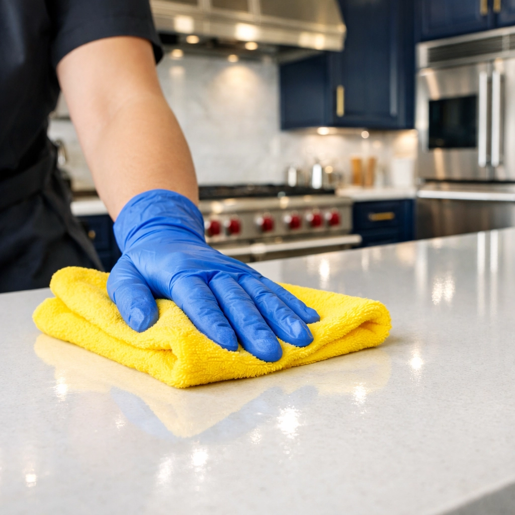 Professional cleaner polishing a white kitchen countertop during a weekly house cleaning in Southborough.