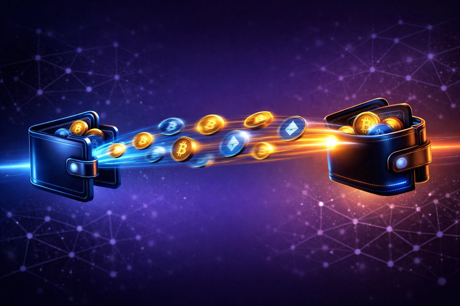 Direct crypto payment flowing between two self-custody wallets with instant blockchain settlement