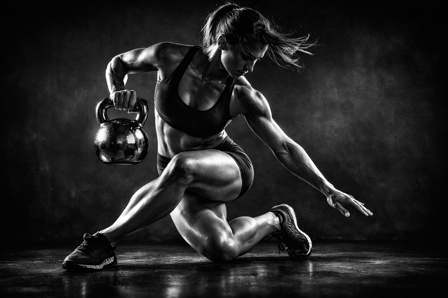 A woman performing a kettlebell curtsy lunge to improve pelvic floor and glute coordination.