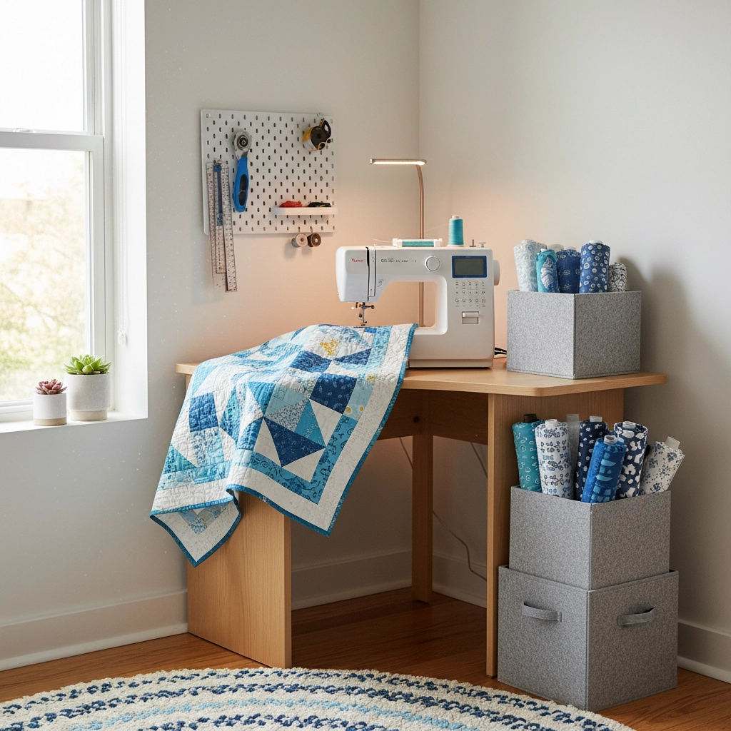 Close-up of quilting fabric swatches, rotary cutter, and thread spools