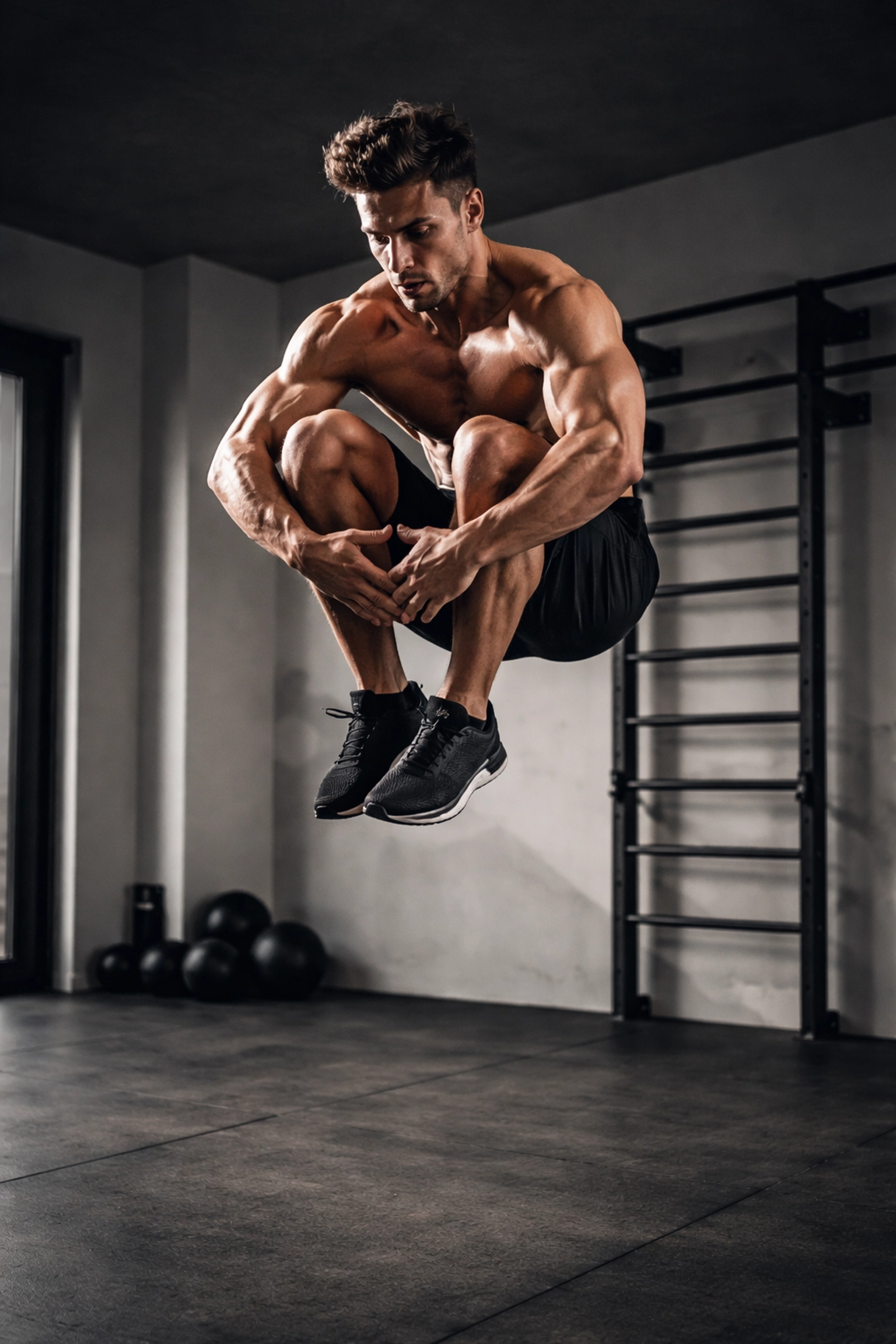 Athlete performs an explosive tuck jump in a home gym with floor-to-ceiling fitness system, demonstrating full body workout at home.