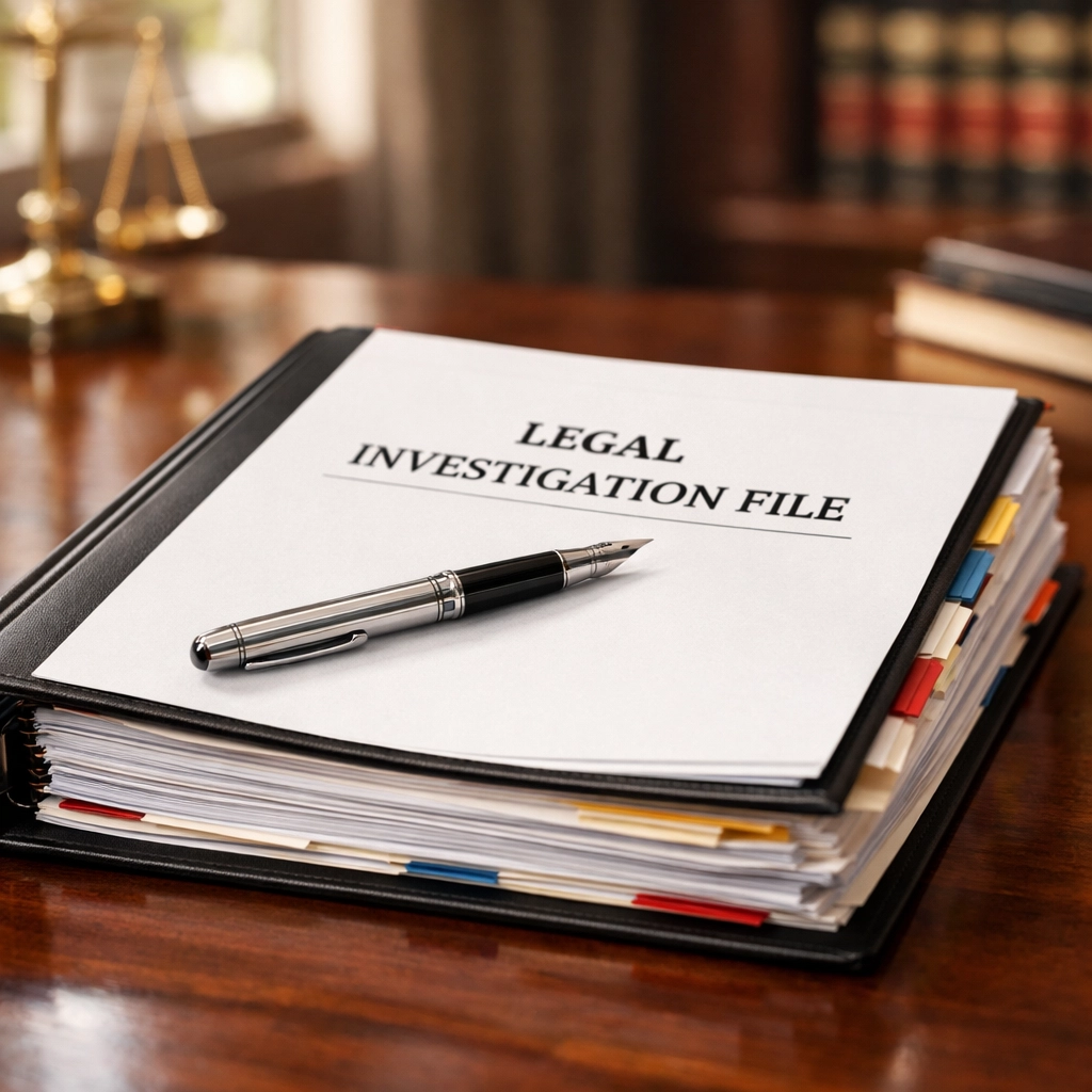 Professional legal investigation report and evidence file on a mahogany desk in a corporate office.