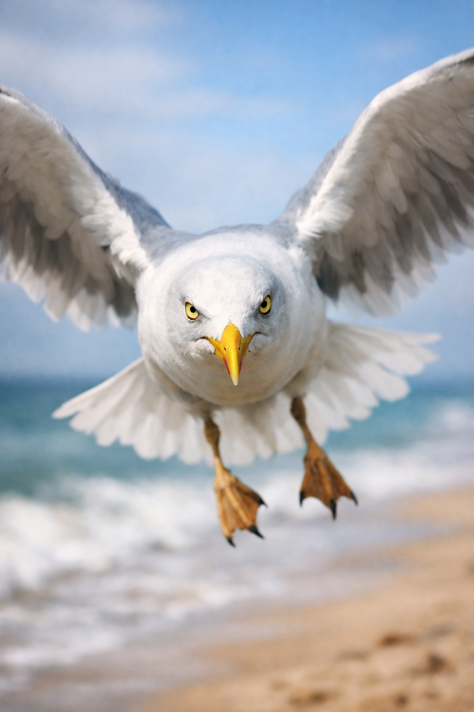 Herring gull flying over Cornwall beach with wings spread