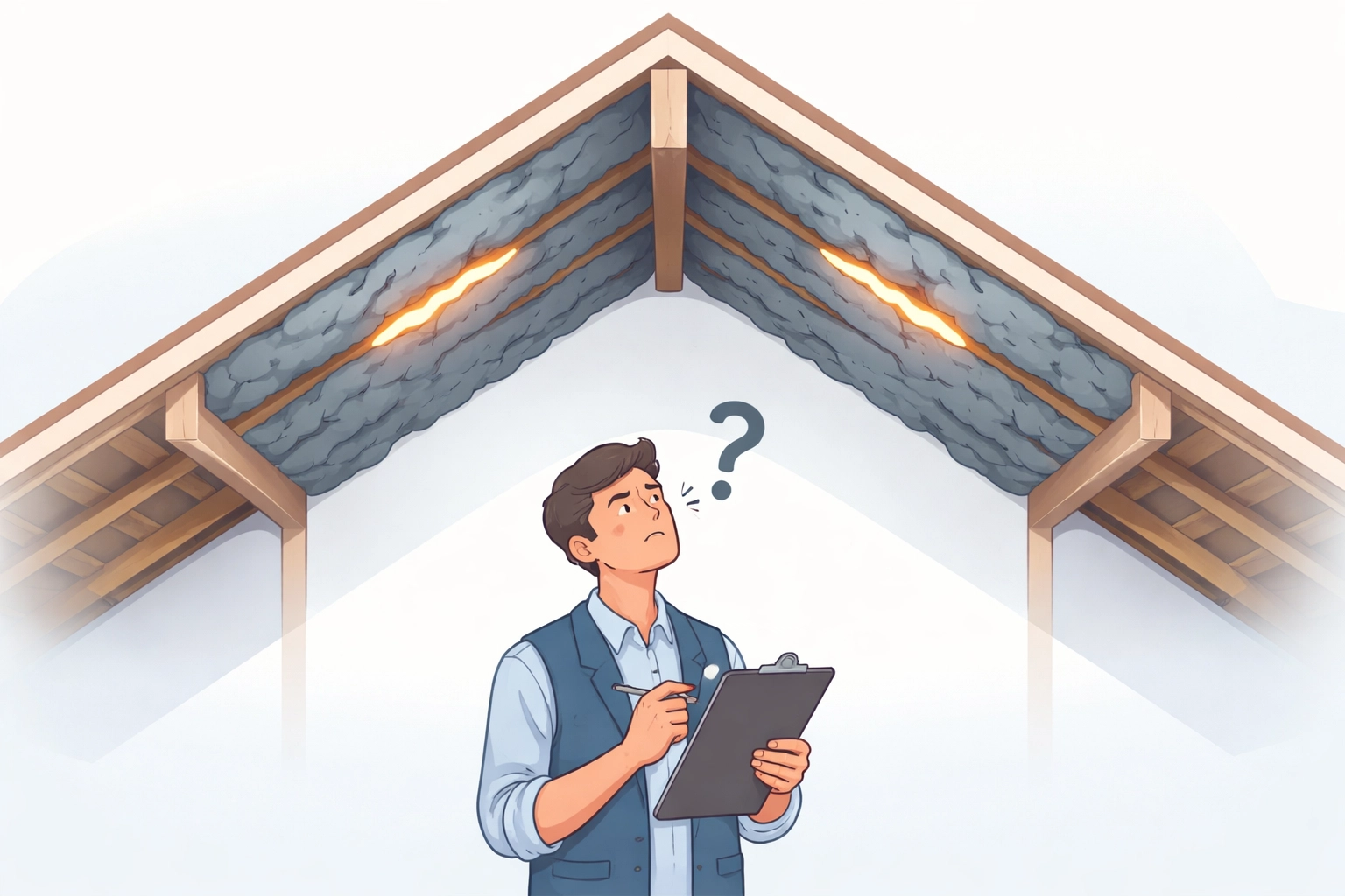 Surveyor inspecting loft where spray foam insulation covers roof timbers, highlighting mortgage concerns