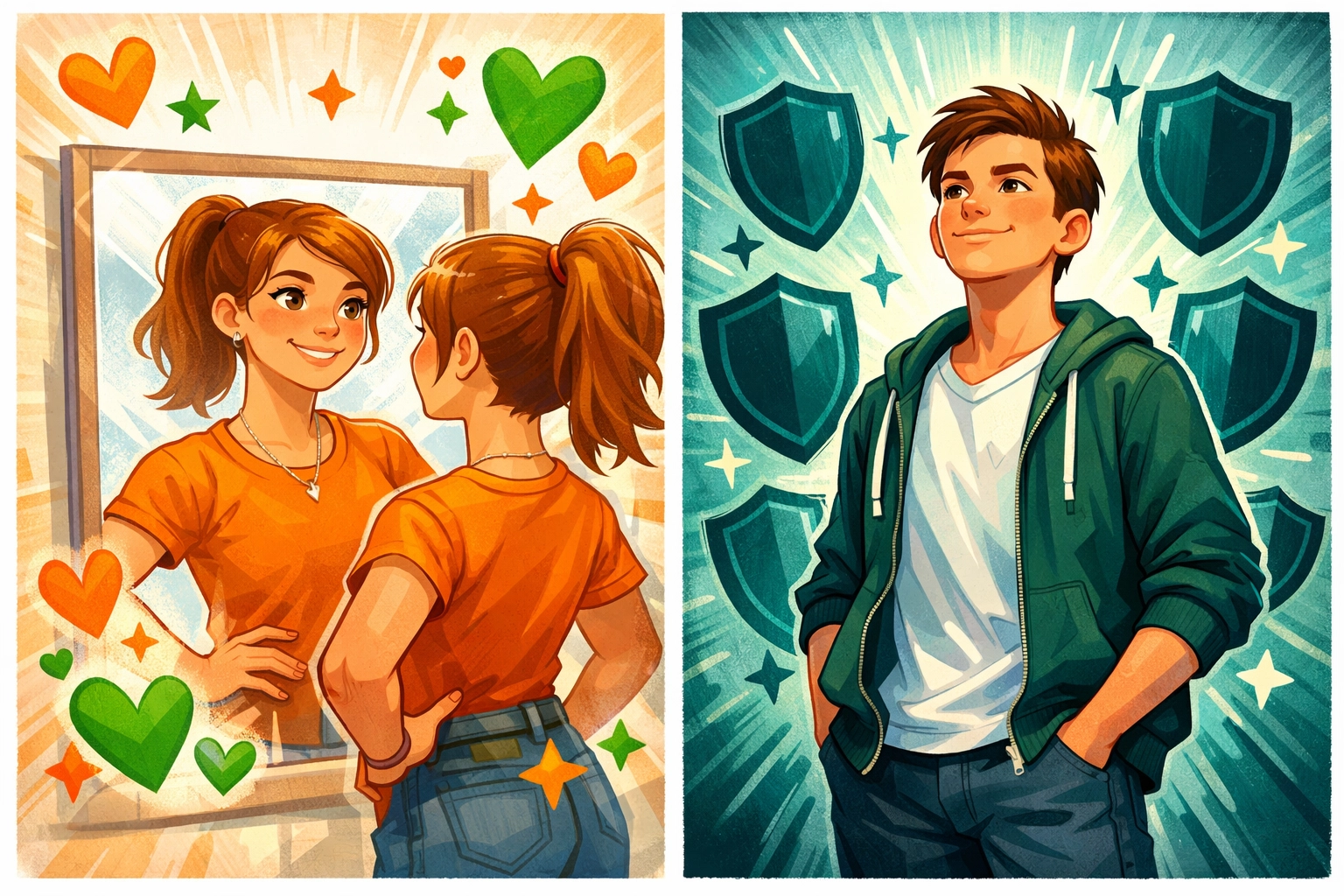 Confident teenage girl and boy representing healthy self-worth and identity in Christ during puberty