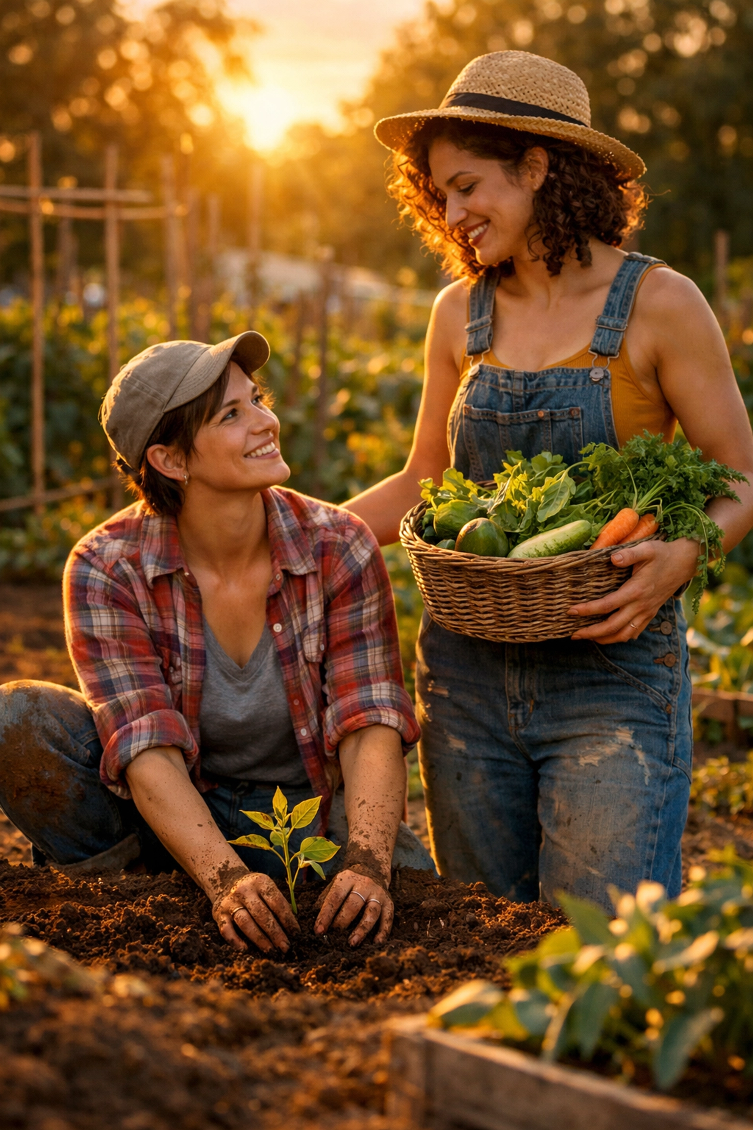 A lesbian couple gardening together at sunset, showing how hands-on hobbies support queer mental health and joy.
