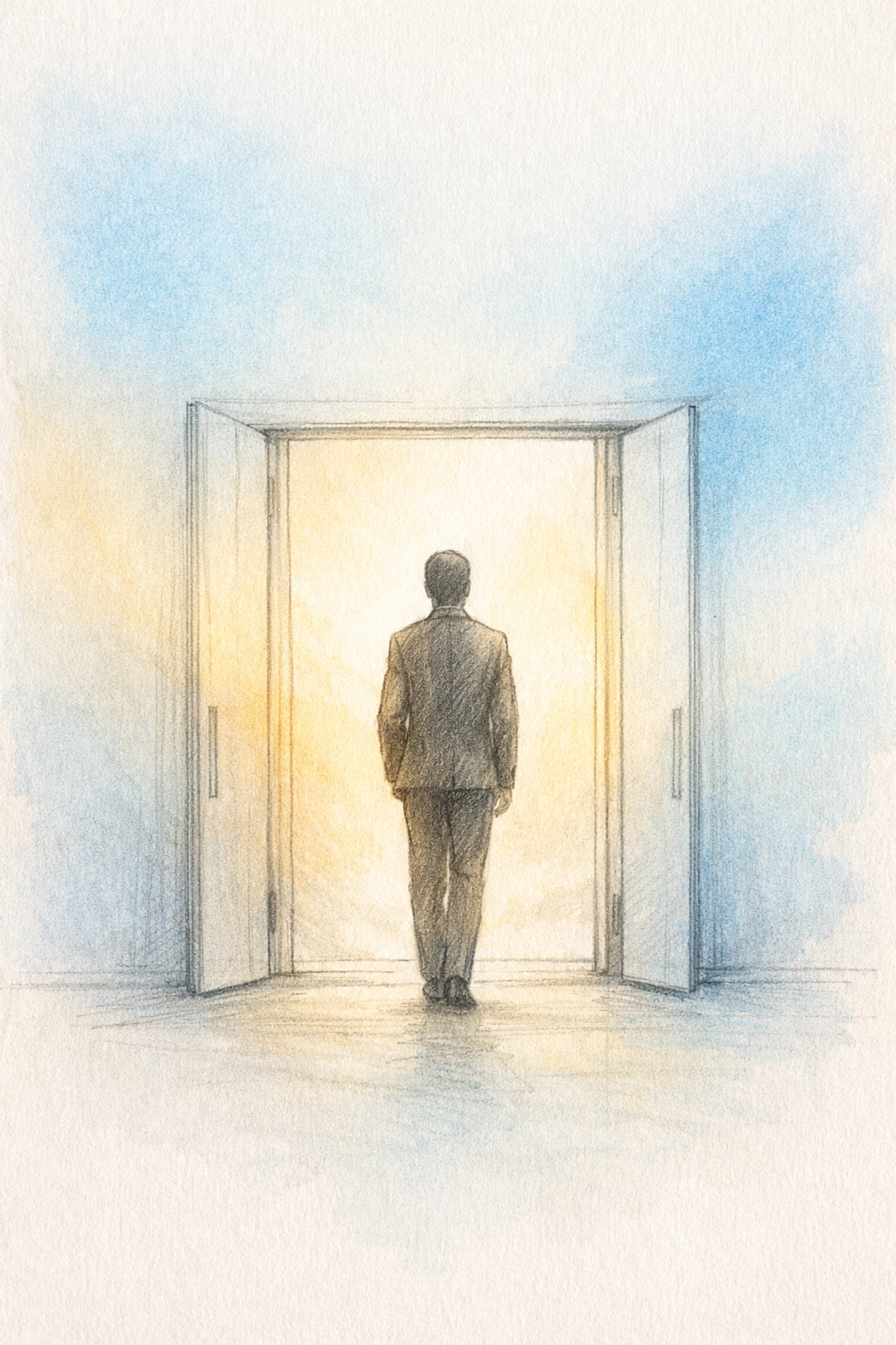 A calm church leader standing poised at a sanctuary doorway, radiating a peaceful presence.