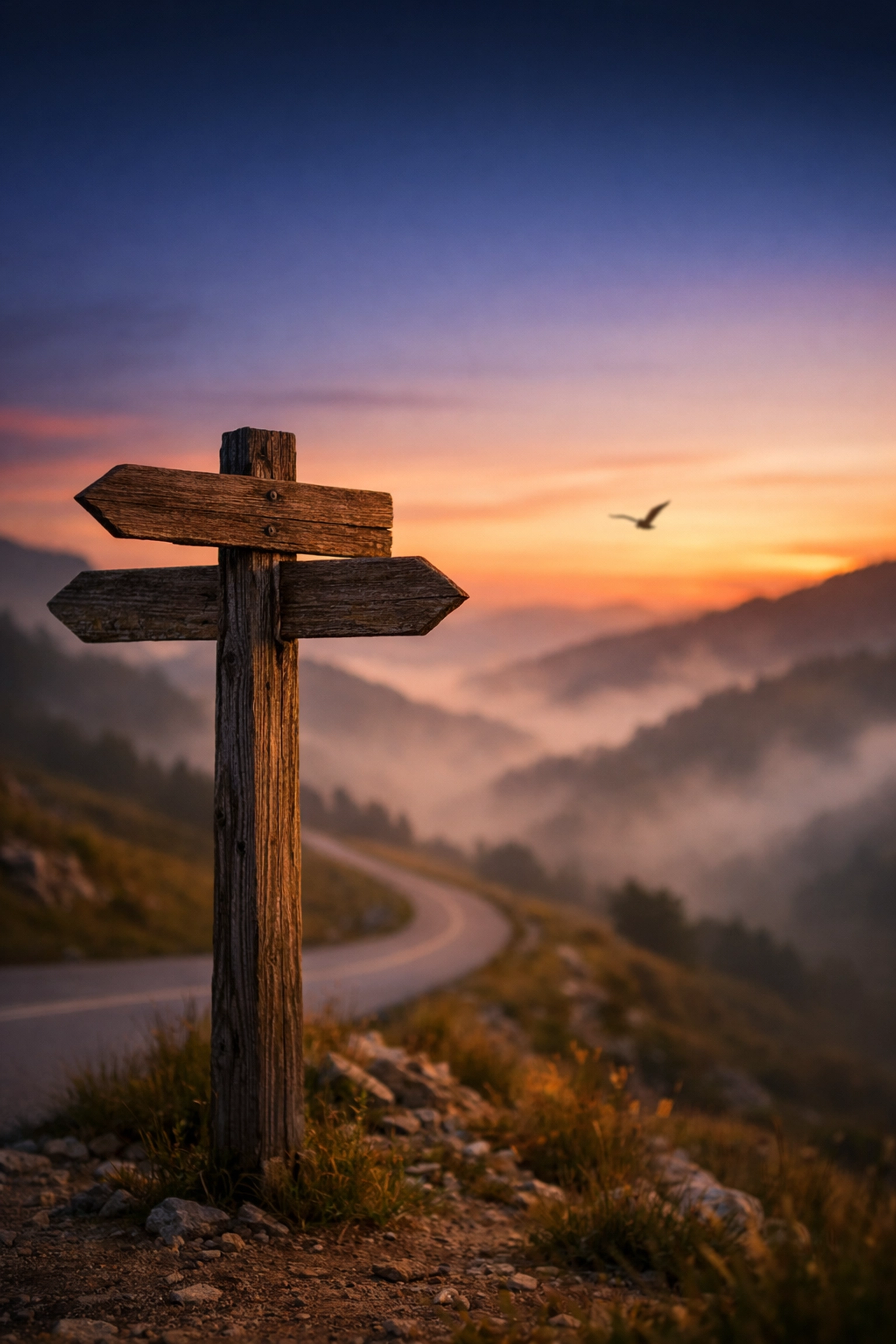 Crossroads signpost at sunset on mountain road - Christian hope and guidance