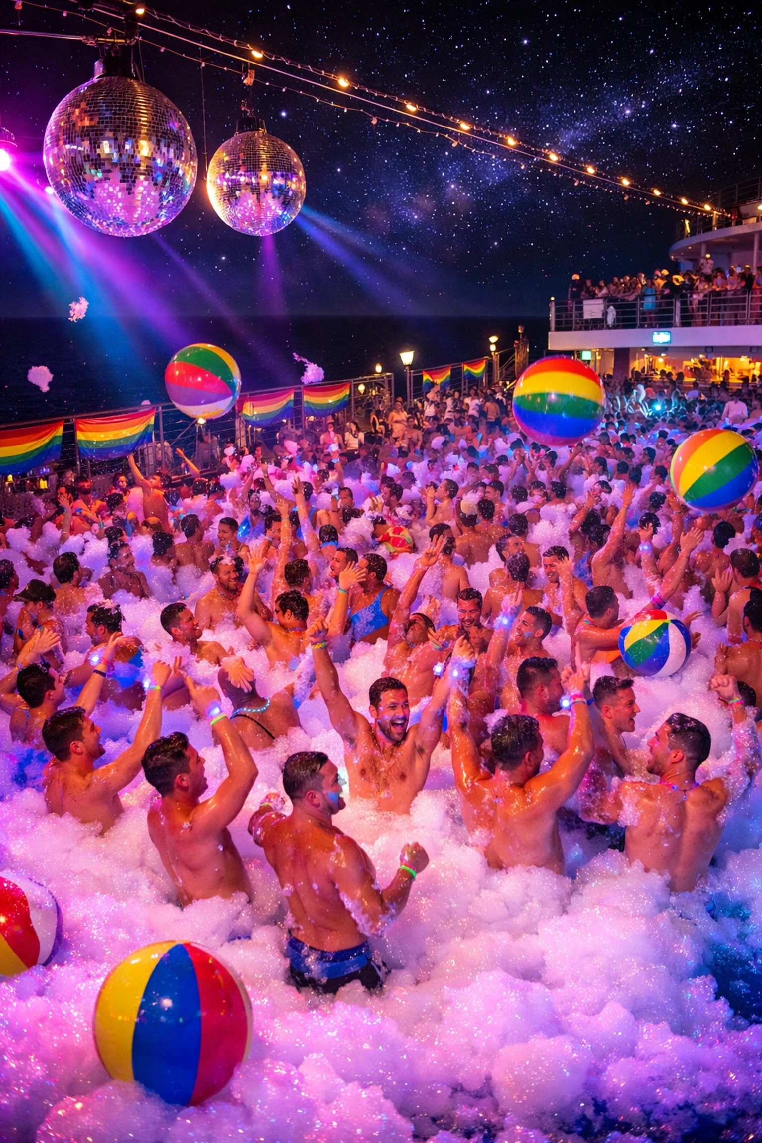 Gay cruise foam party with hundreds dancing under colorful lights on ship deck