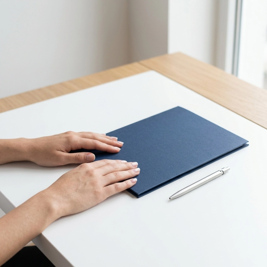 Organized documents and hands resting on a desk, symbolizing peace of mind
