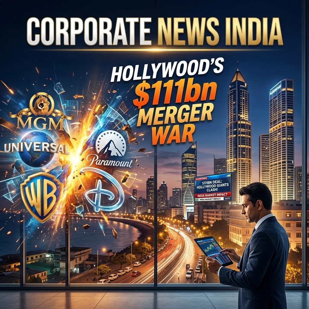 News visual highlighting a $111 billion Hollywood merger war