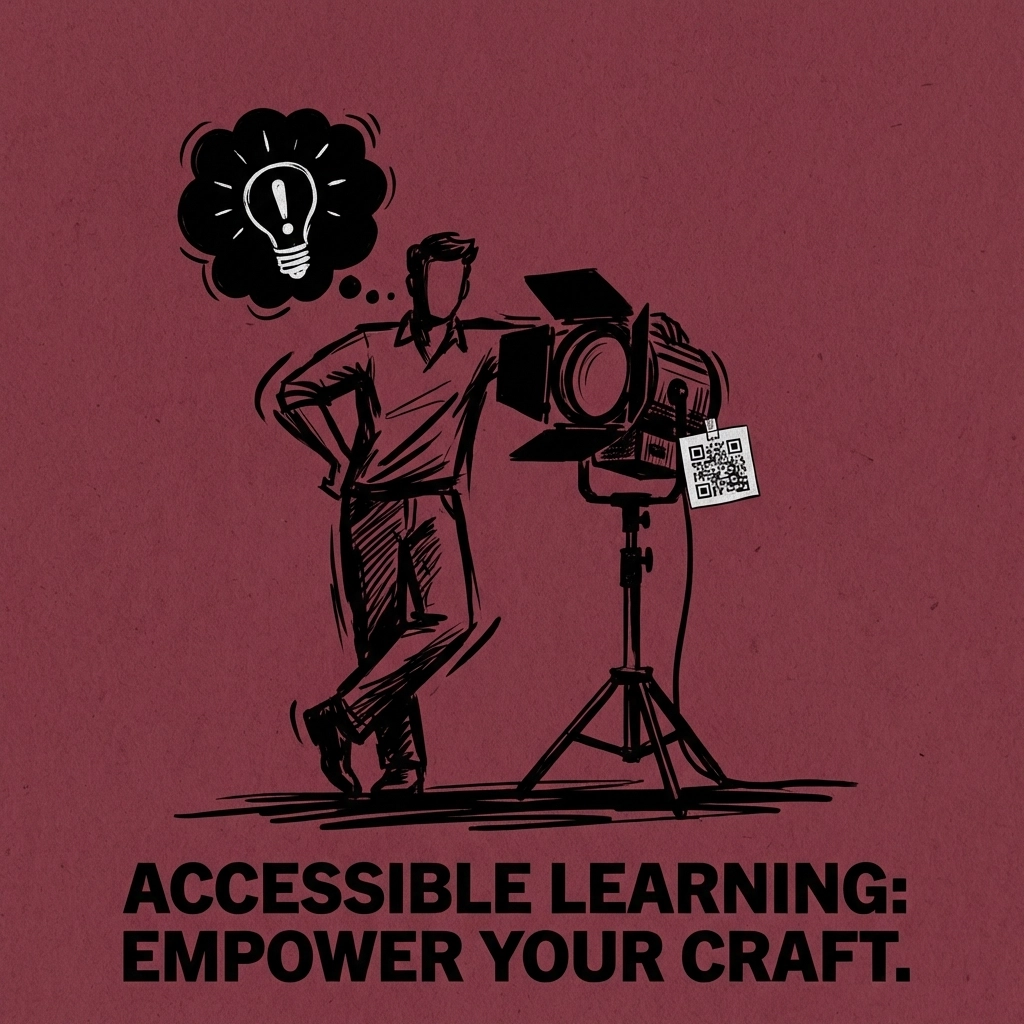 Confident creator learning studio lighting gear via QR code, illustrating IncluHub’s built-in equipment support