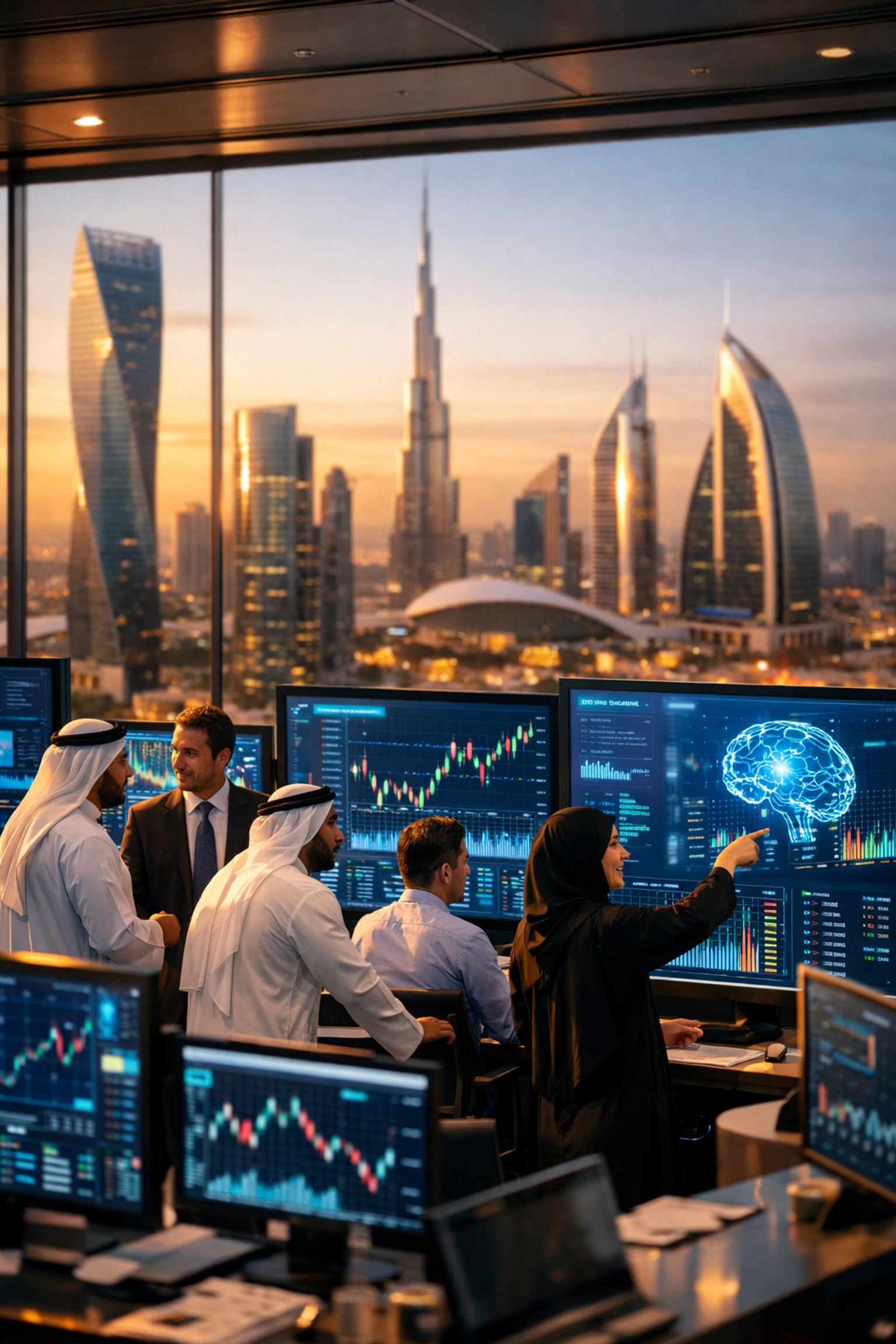 GCC financial district with modern trading floor and AI-driven market analytics