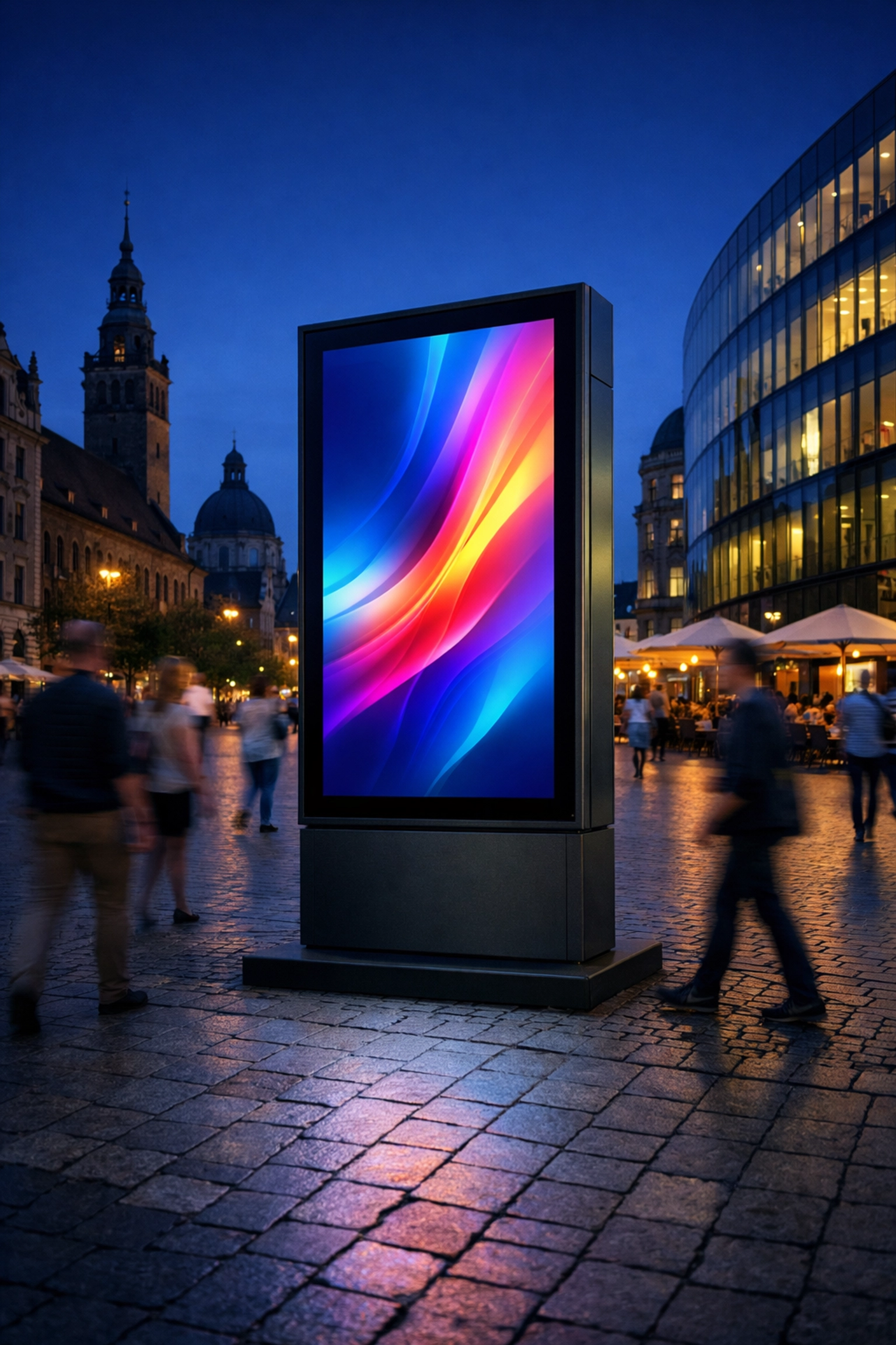 Modern digital kiosk display in a European city square showcasing hyper-targeted DOOH reach in Munich.