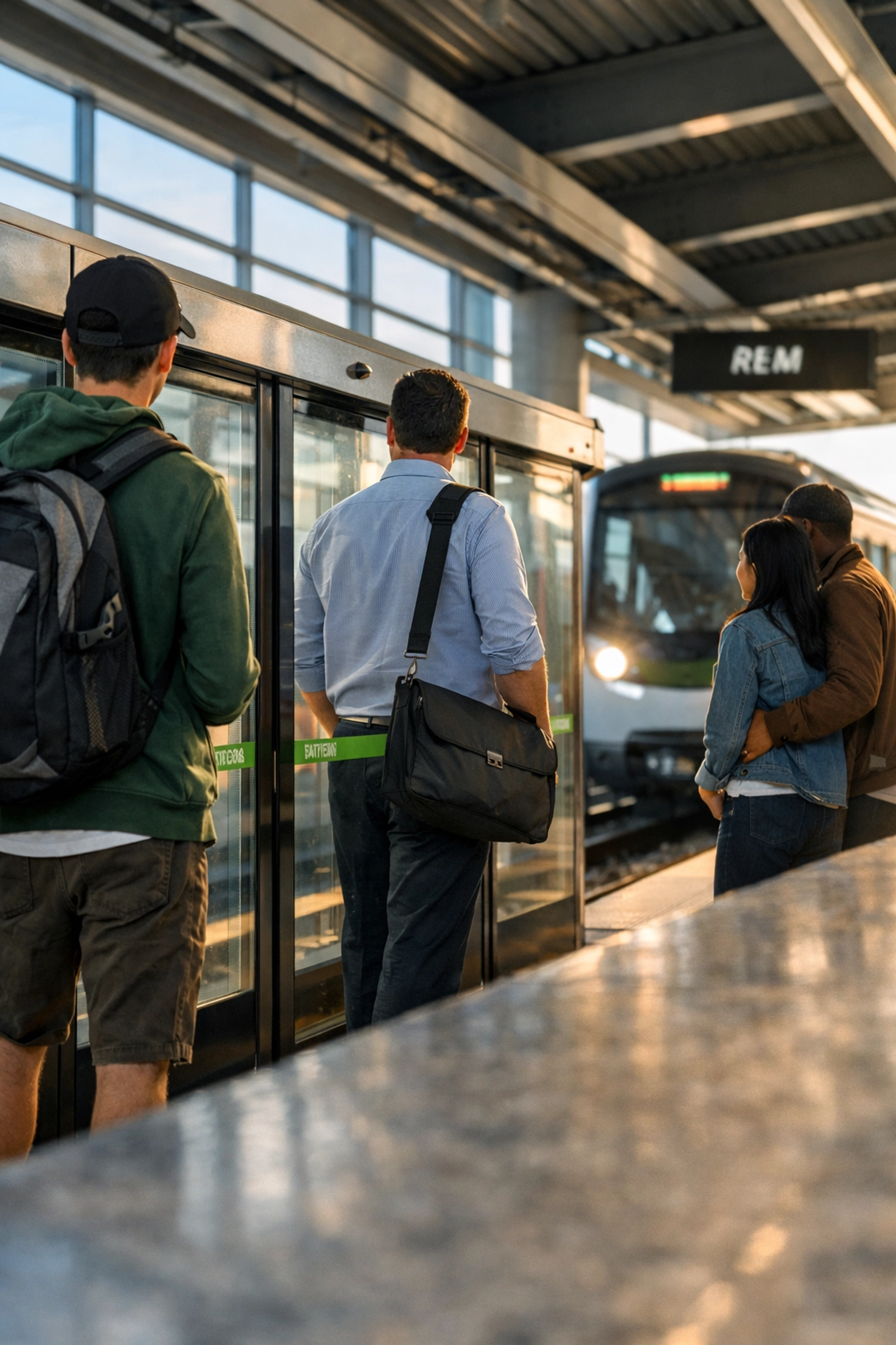 Commuters waiting at a modern REM station platform in Montreal featuring glass safety doors.