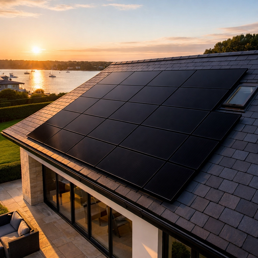 Modern home in Poole with aesthetic all-black solar panels installed on a dark slate roof.