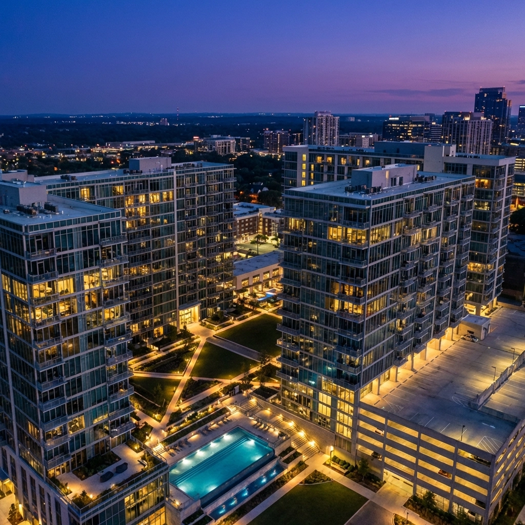 Aerial view of luxury apartment complex at twilight, representing multifamily real estate syndication opportunities.