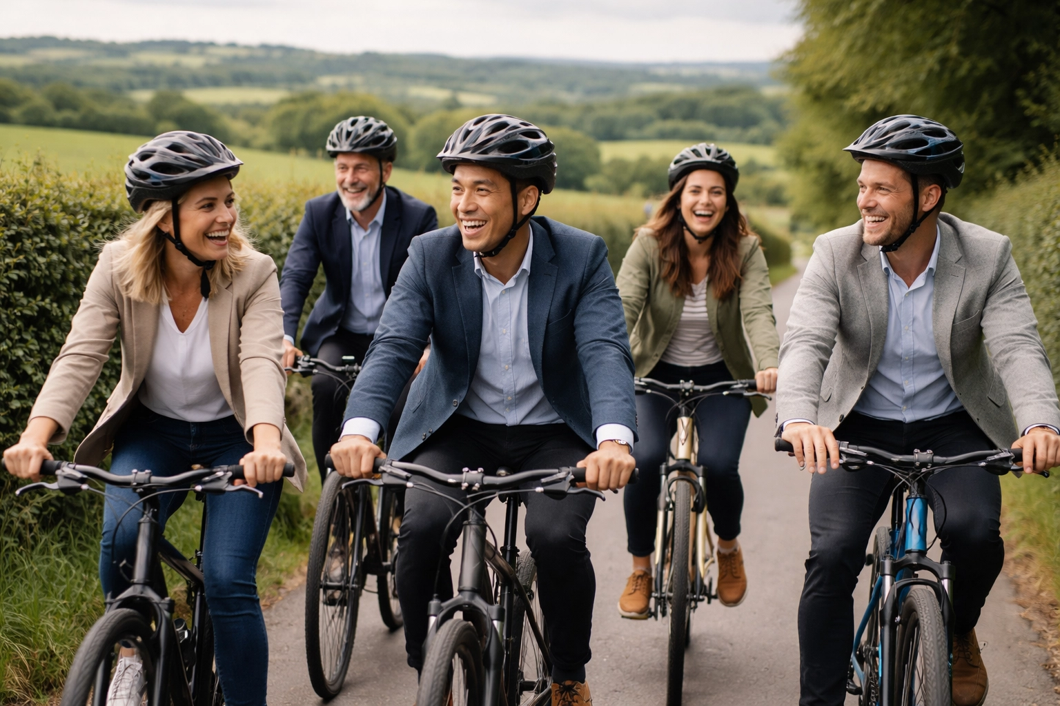 Corporate professionals enjoying a group cycling activity on a scenic UK country road