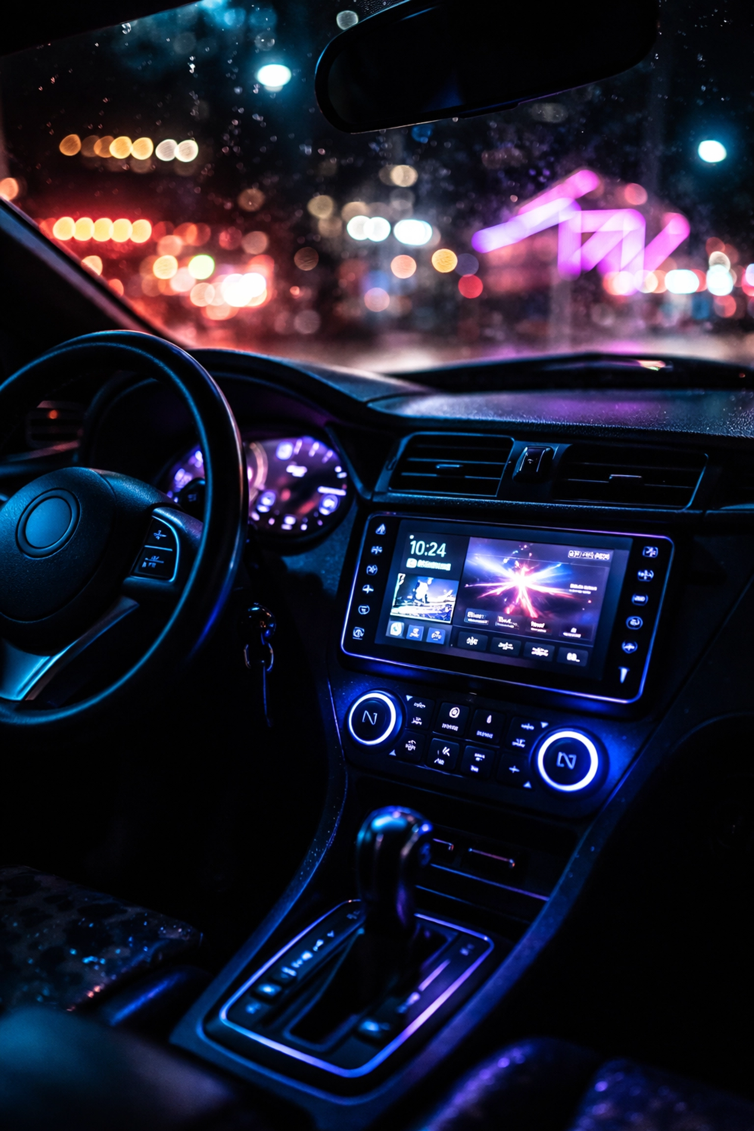 Custom car audio upgrade with glowing touchscreen stereo head unit in a Pittsburgh vehicle at night