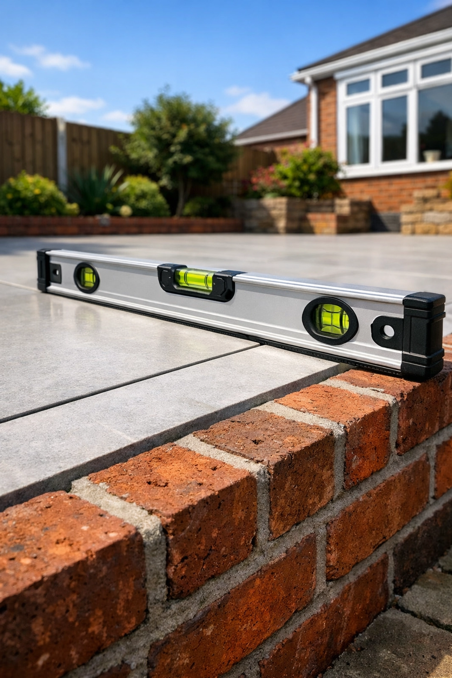 Precision porcelain patio tiling and masterfully constructed brickwork for a Cardiff garden.