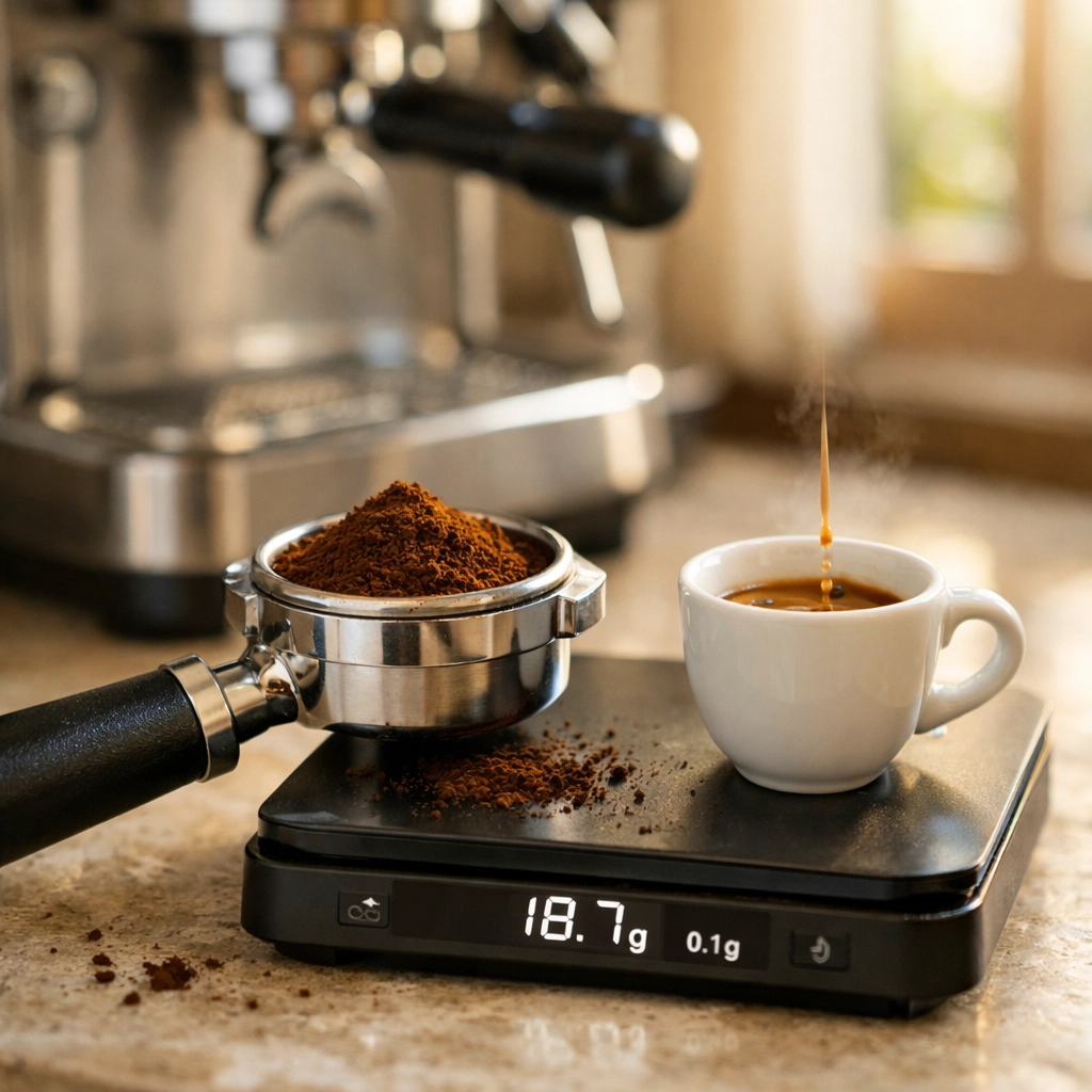 Weighing coffee grounds on a digital scale to ensure precise espresso dosage and yield at home.