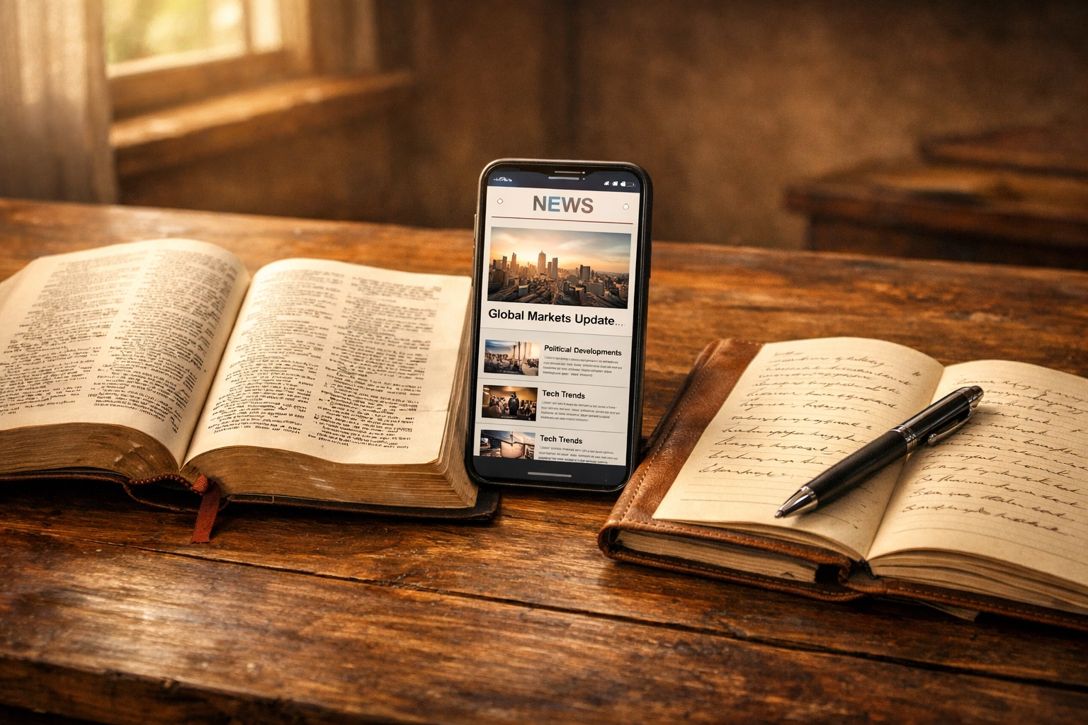 Open Bible next to smartphone and journal showing faith-based news approach