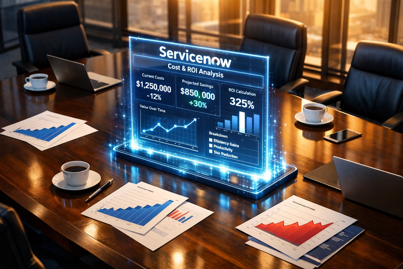 ServiceNow ROI analysis and cost metrics displayed in corporate boardroom setting