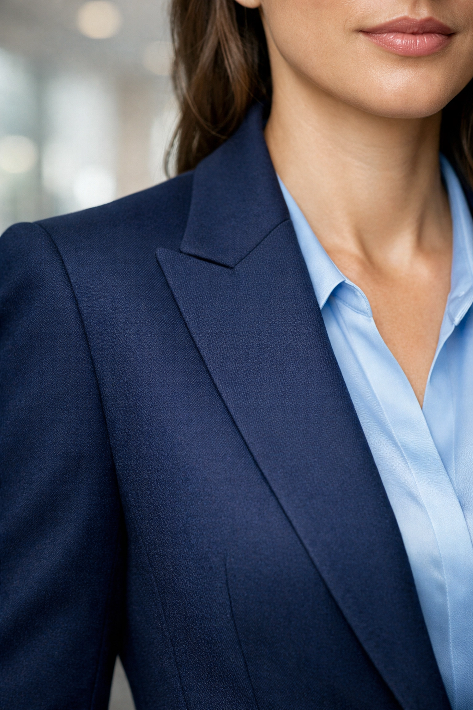 Close-up of a navy blazer and blue shirt showing professional corporate headshot tips for clothing.