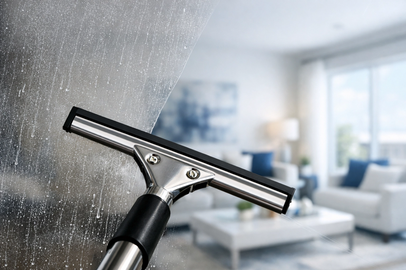 Professional squeegee cleaning a window pane to achieve a streak-free finish in a modern home.