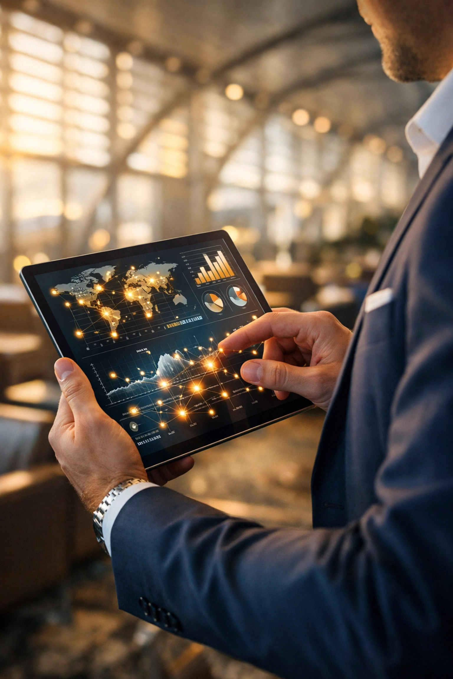Executive using travel analytics on a tablet in a lounge to optimize corporate travel management ROI.