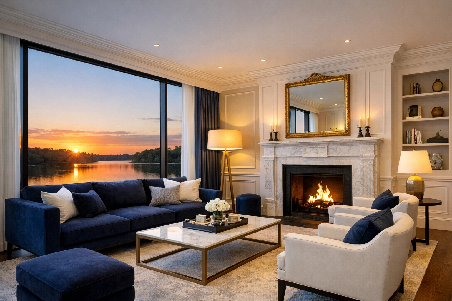 Professional Brookline apartment cleaning for a luxury living room featuring a marble fireplace and reservoir view.