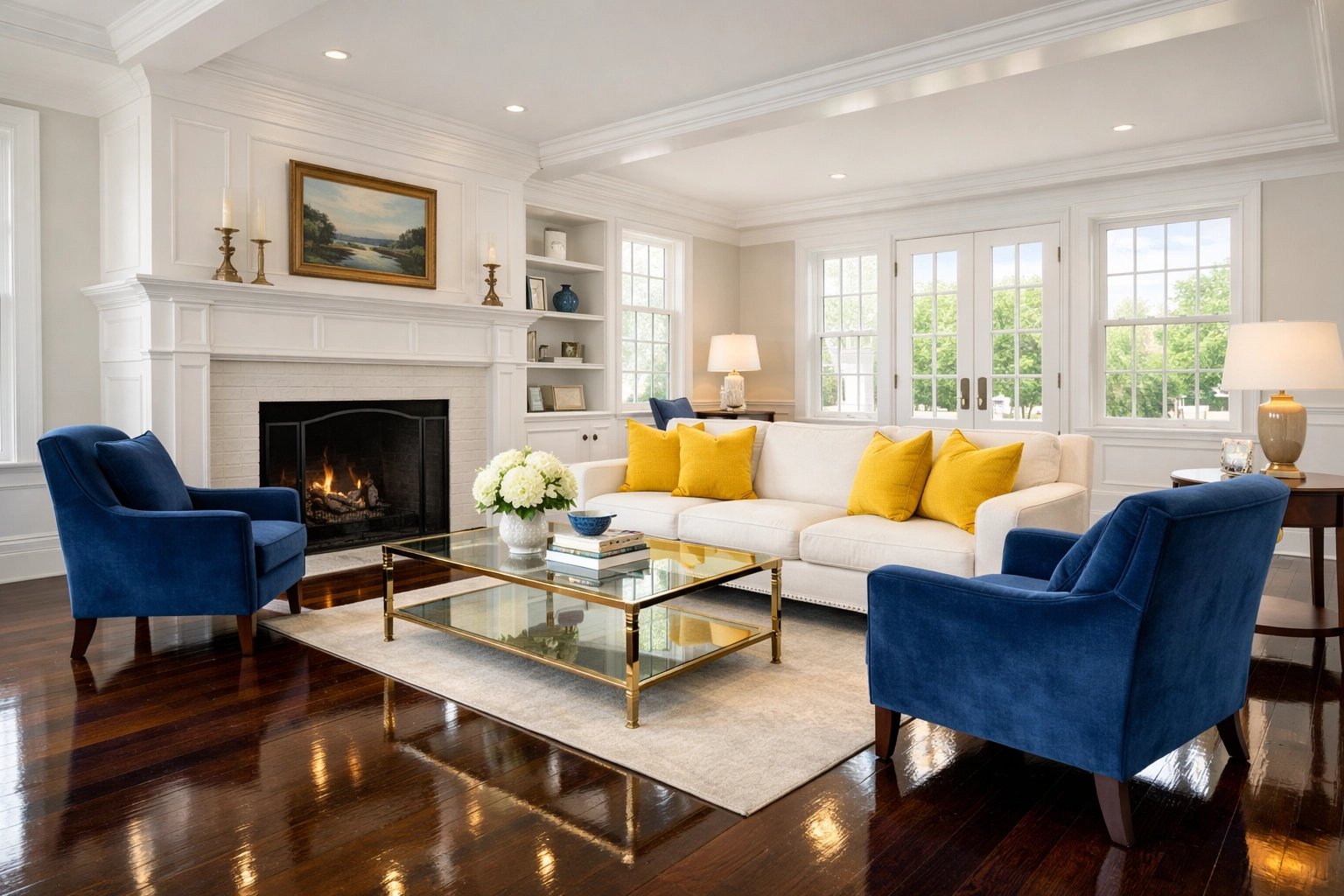 Pristine Massachusetts living room with polished floors reflecting quality house cleaning standards.