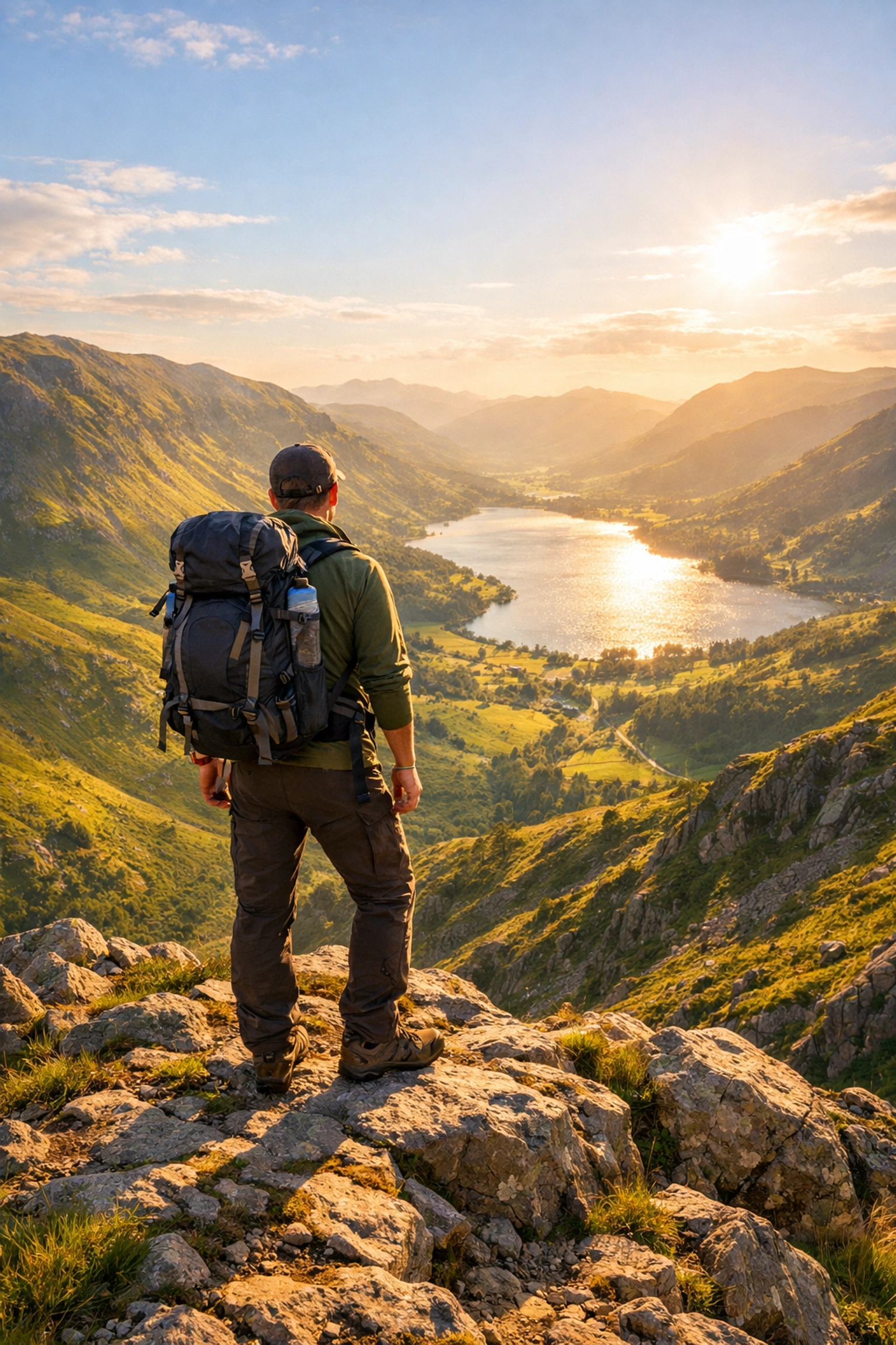 Adventurer overlooking a valley in the Lake District, ready for their next camping adventure UK.