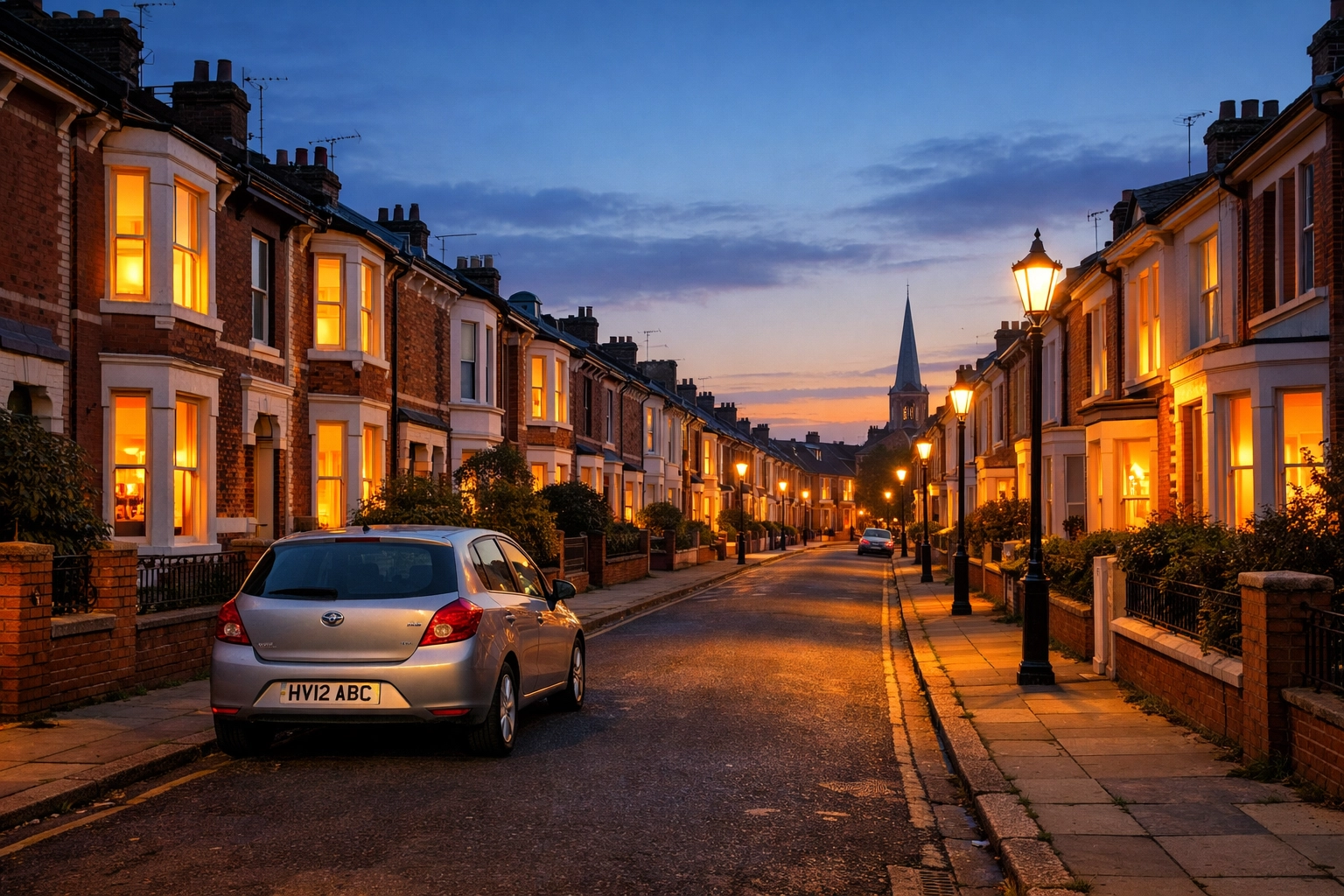Secure Portsmouth residential street at twilight with professionally installed alarm systems.