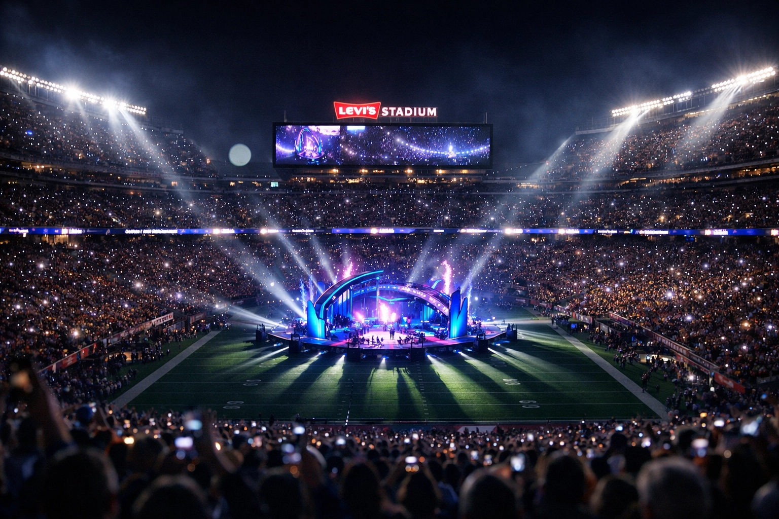 Vibrant night view of Levi’s Stadium during Super Bowl 2026, showcasing high-energy sports branding and fan engagement.